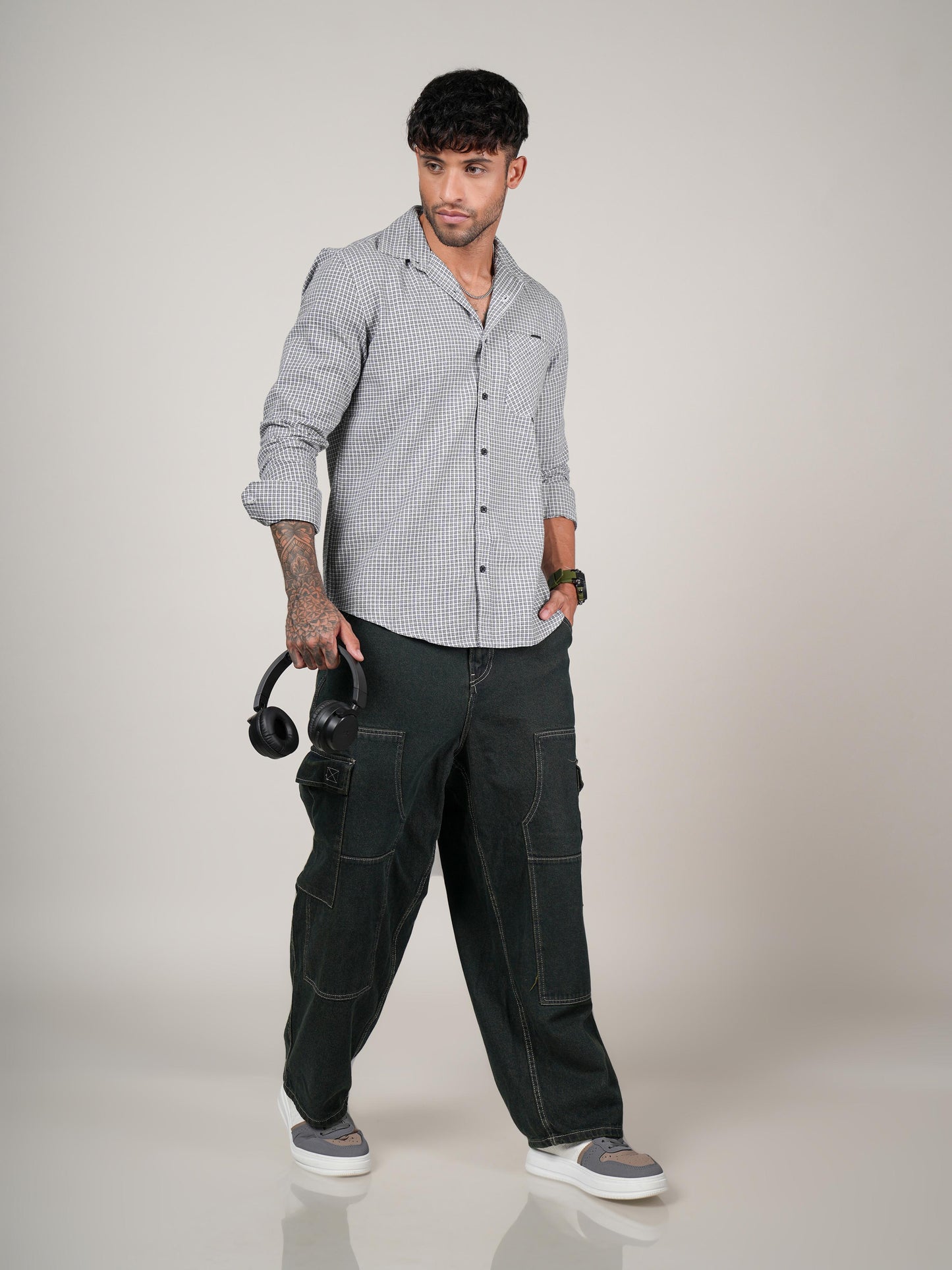 Men’s Black & White Micro Check Long Sleeve Casual Shirt