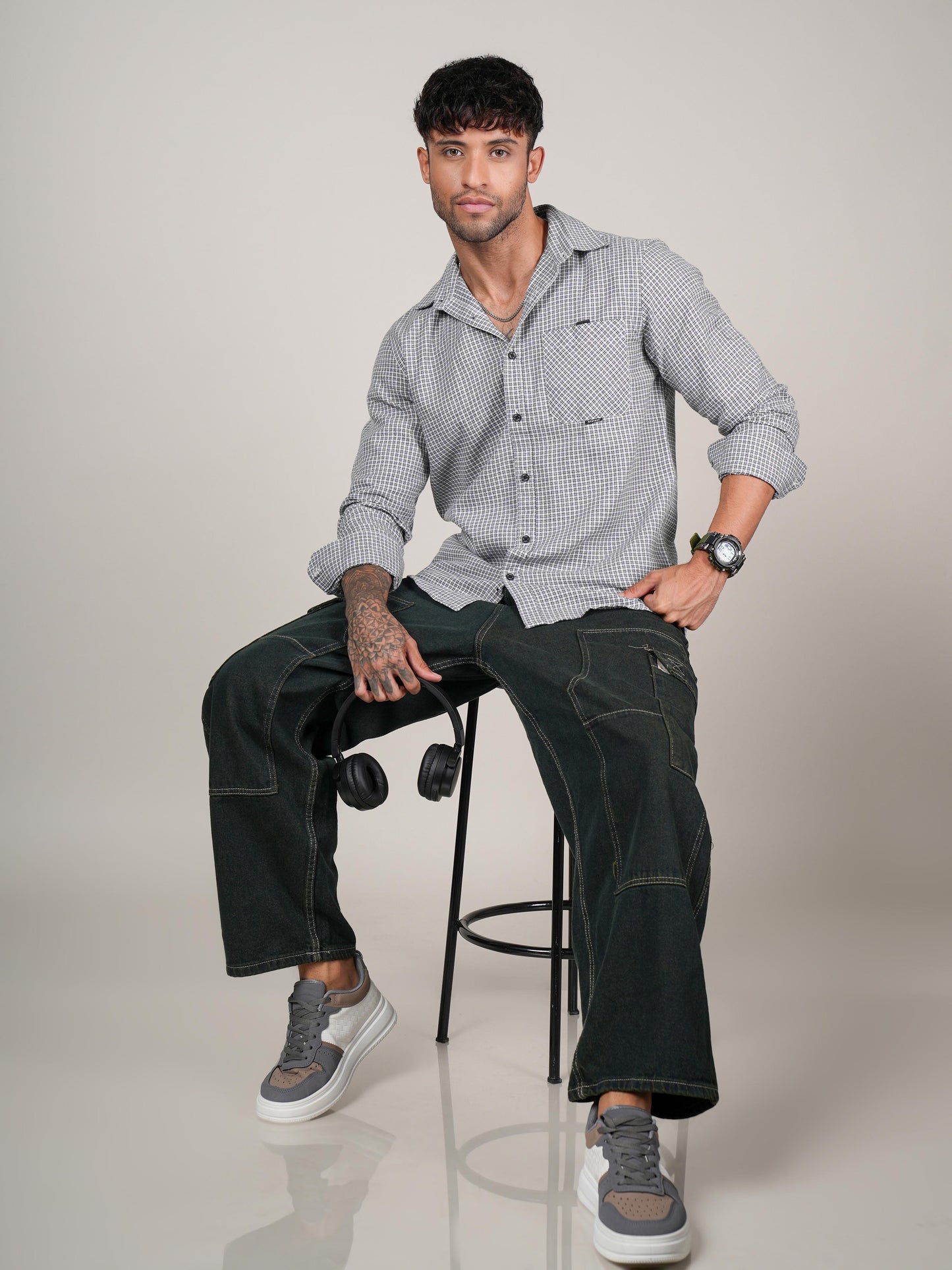 Men’s Black & White Micro Check Long Sleeve Casual Shirt