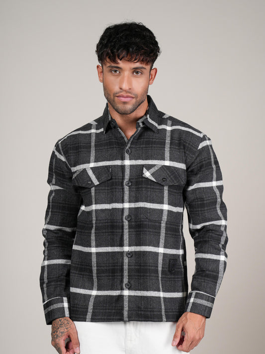 Men’s Dark Grey  Checked Cotton Flannel Shackrt