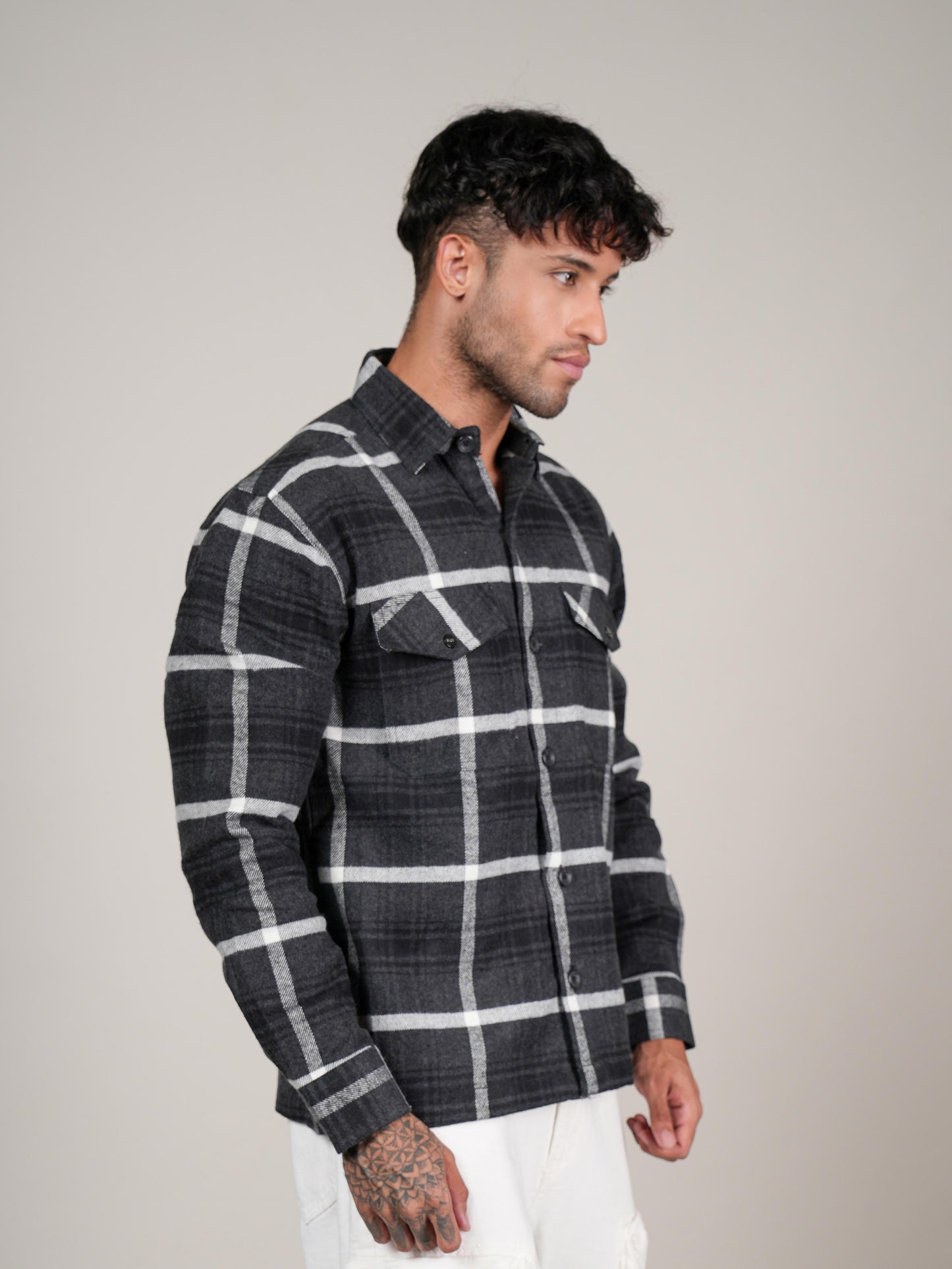 Men’s Dark Grey  Checked Cotton Flannel Shackrt