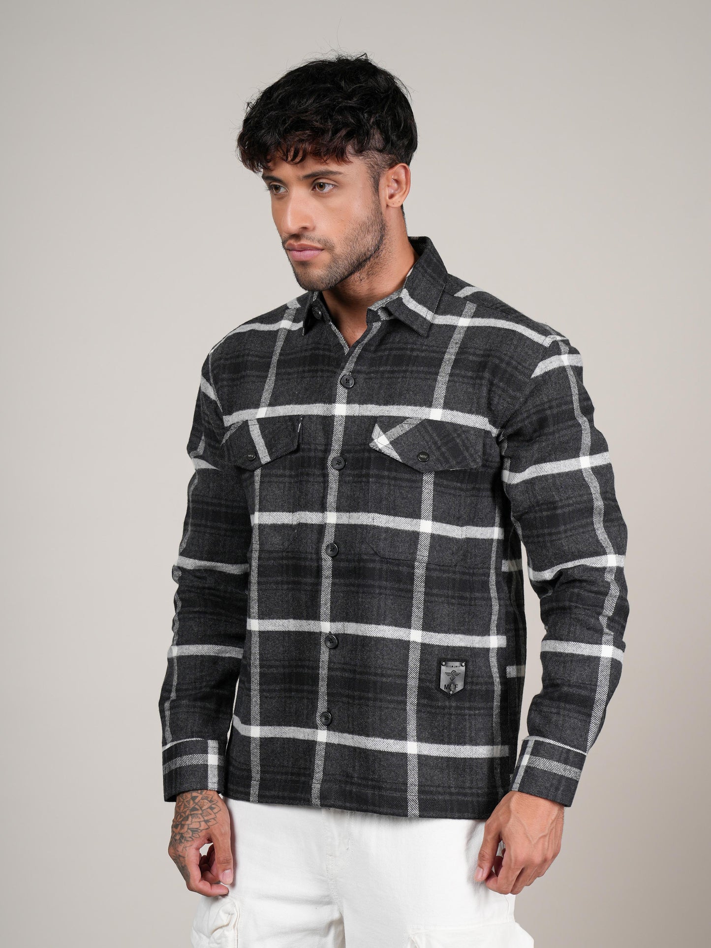 Men’s Dark Grey  Checked Cotton Flannel Shackrt