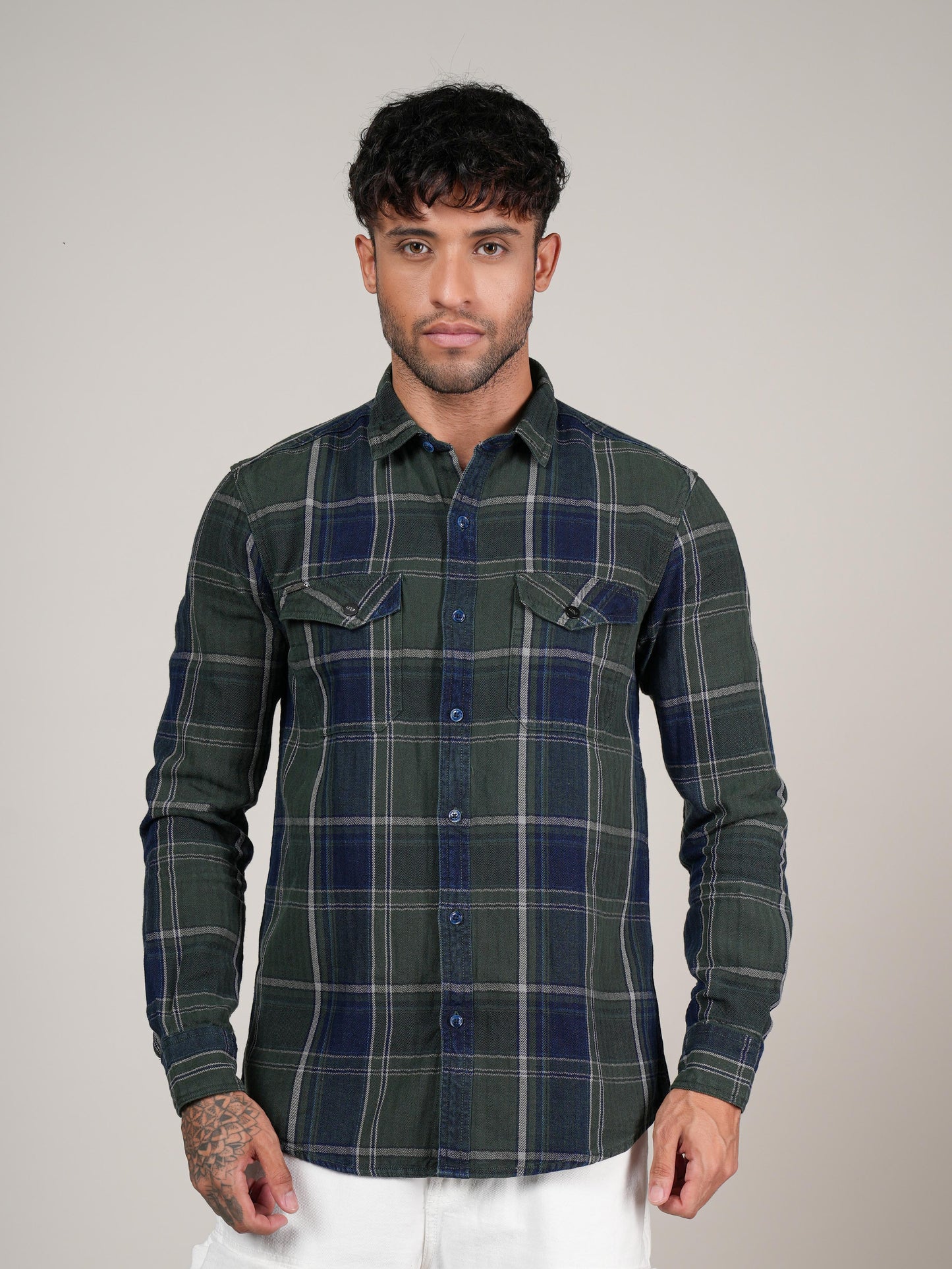 Men’s Green & Navy Checked Casual Flannel Shirt
