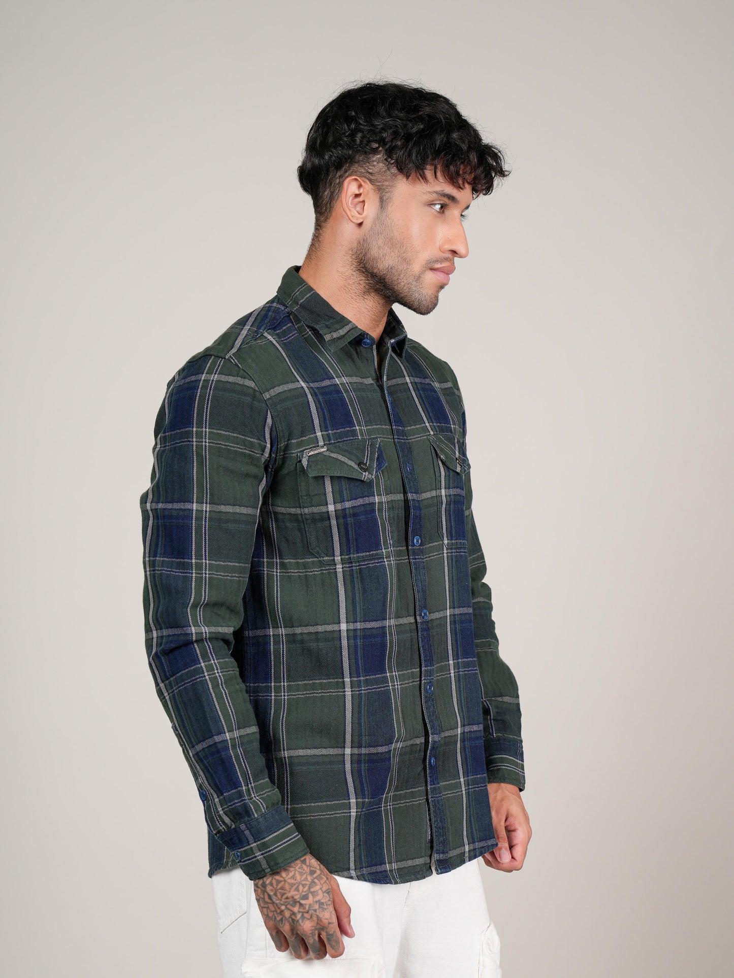 Men’s Green & Navy Checked Casual Flannel Shirt