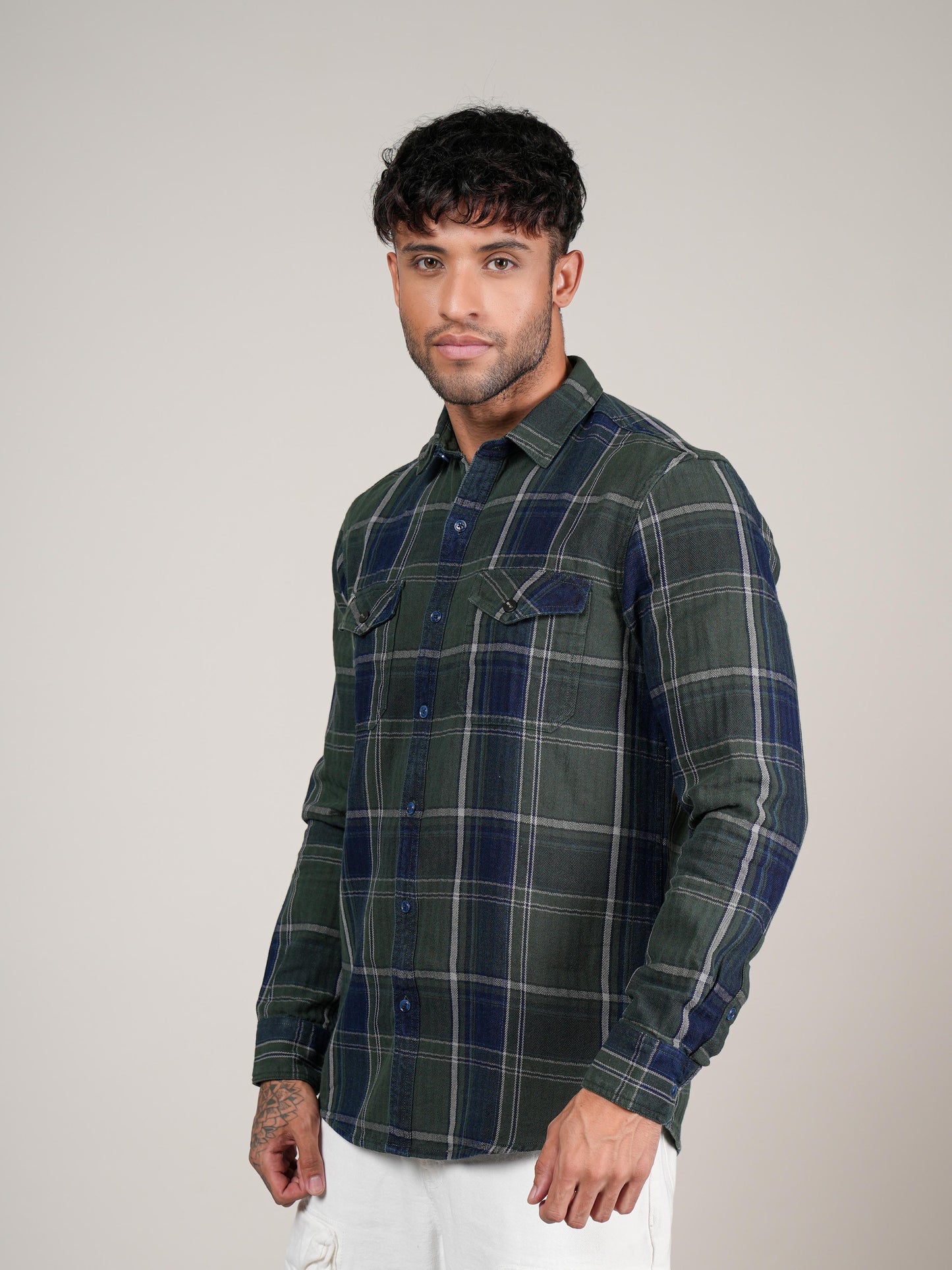 Men’s Green & Navy Checked Casual Flannel Shirt