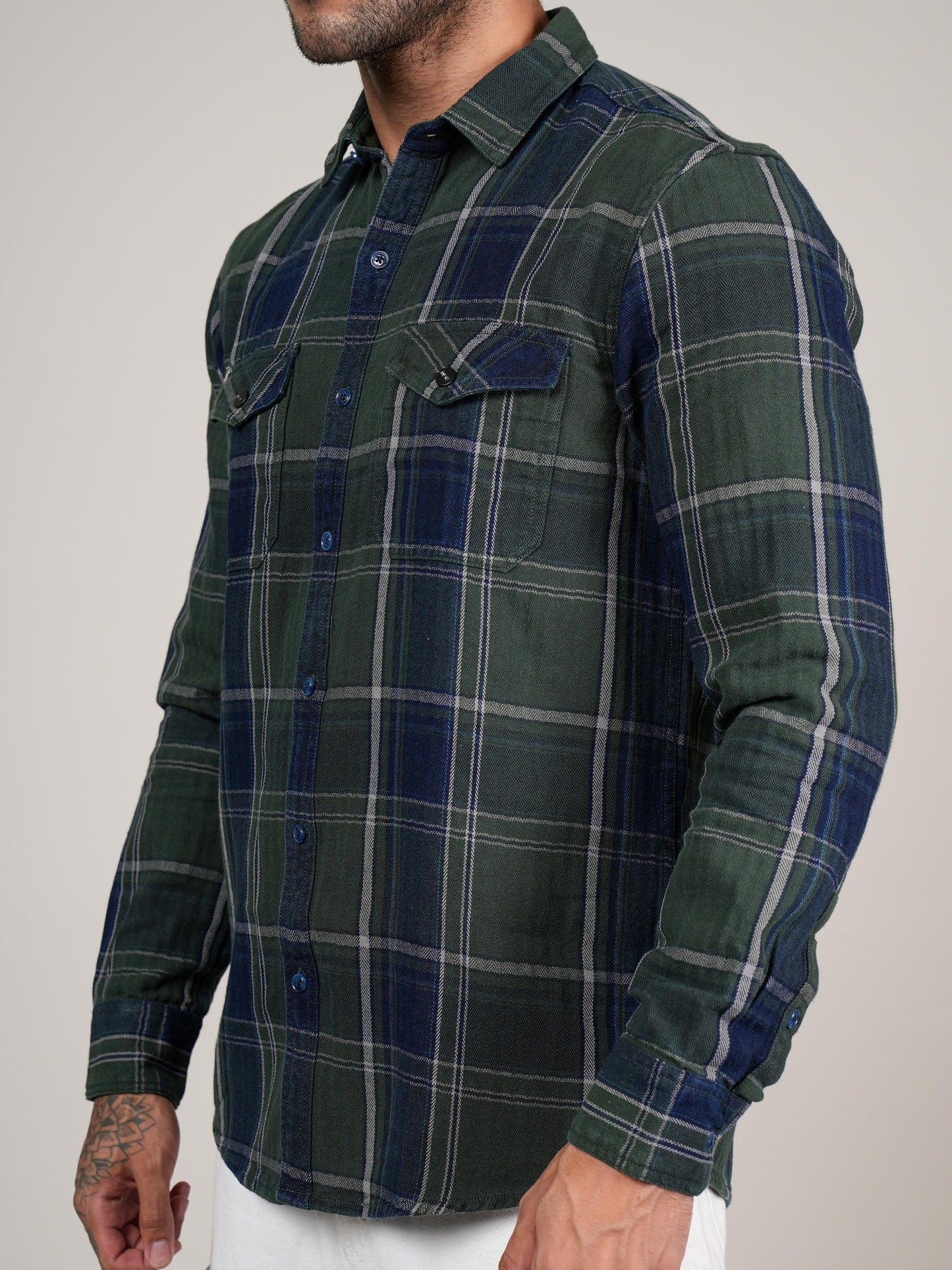 Men’s Green & Navy Checked Casual Flannel Shirt