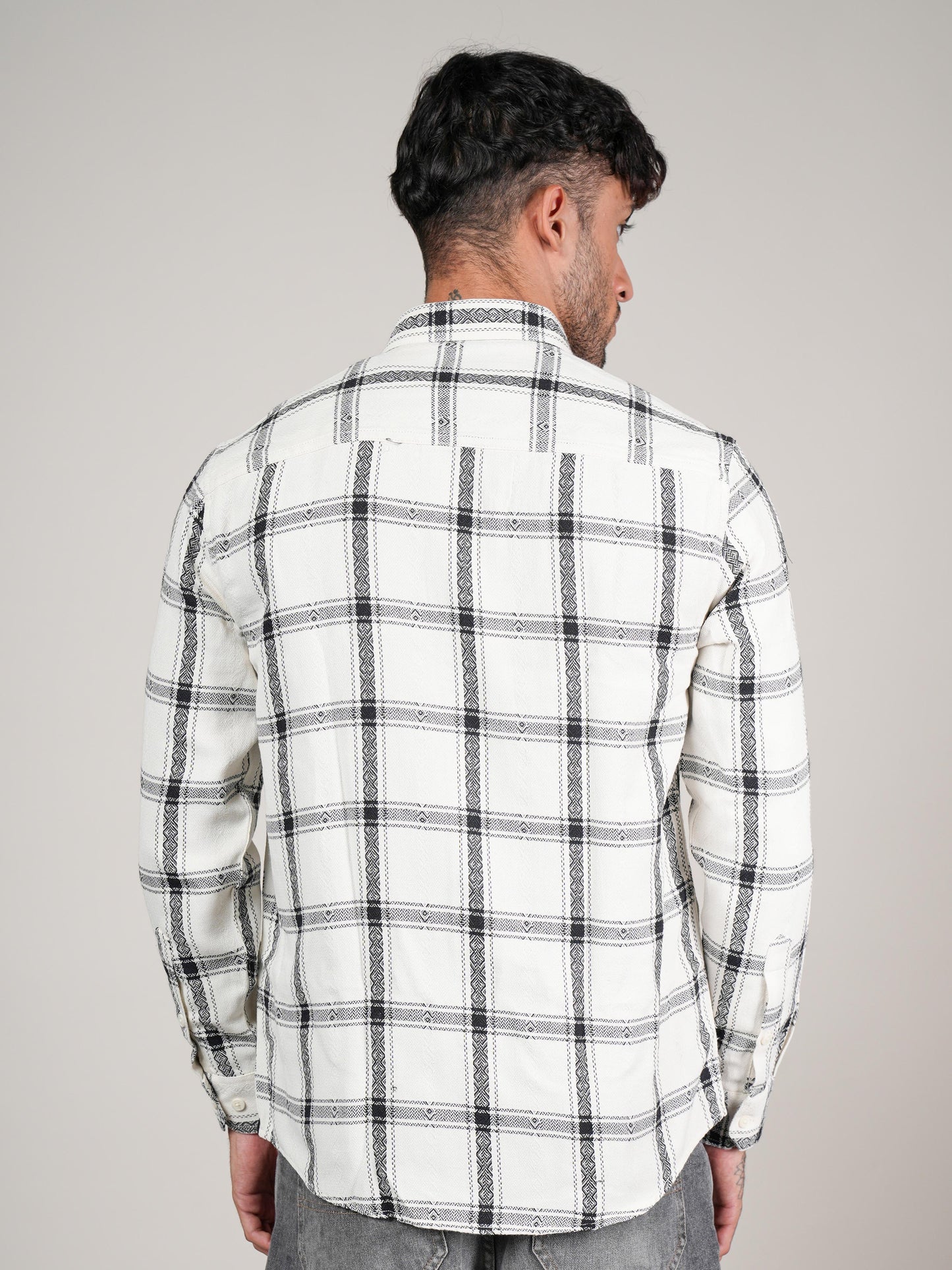 Men’s White & Black Checkered Cotton Casual Shirt