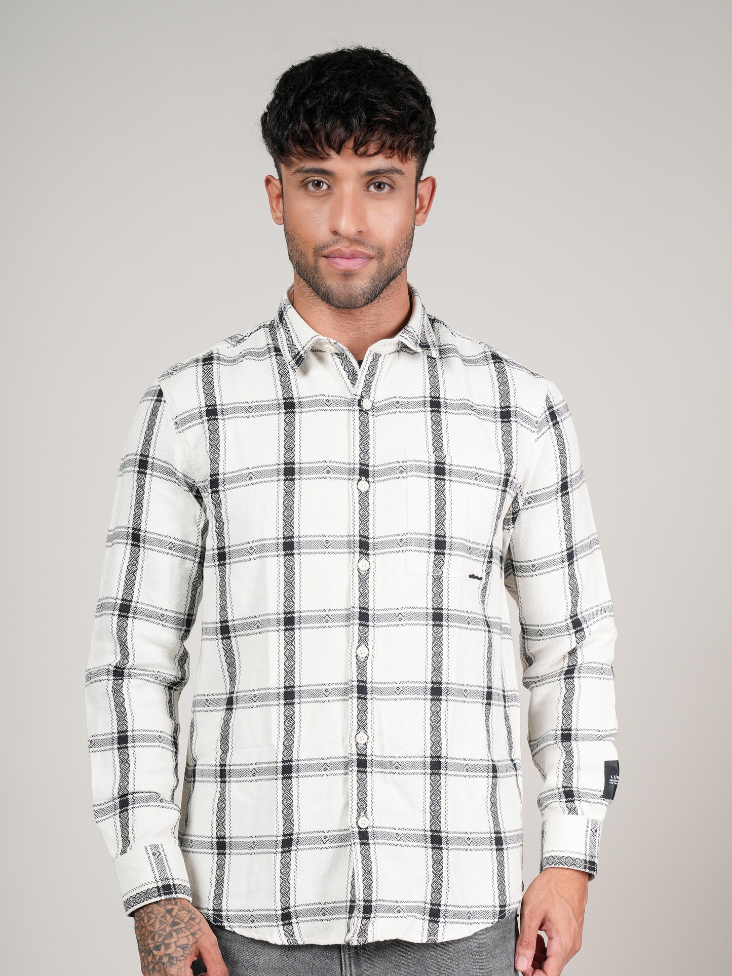 Men’s White & Black Checkered Cotton Casual Shirt