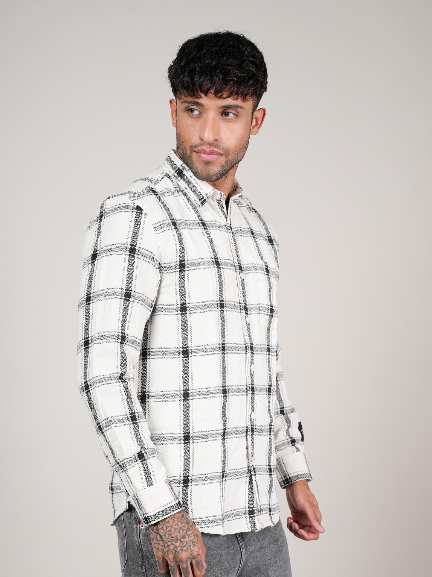 Men’s White & Black Checkered Cotton Casual Shirt