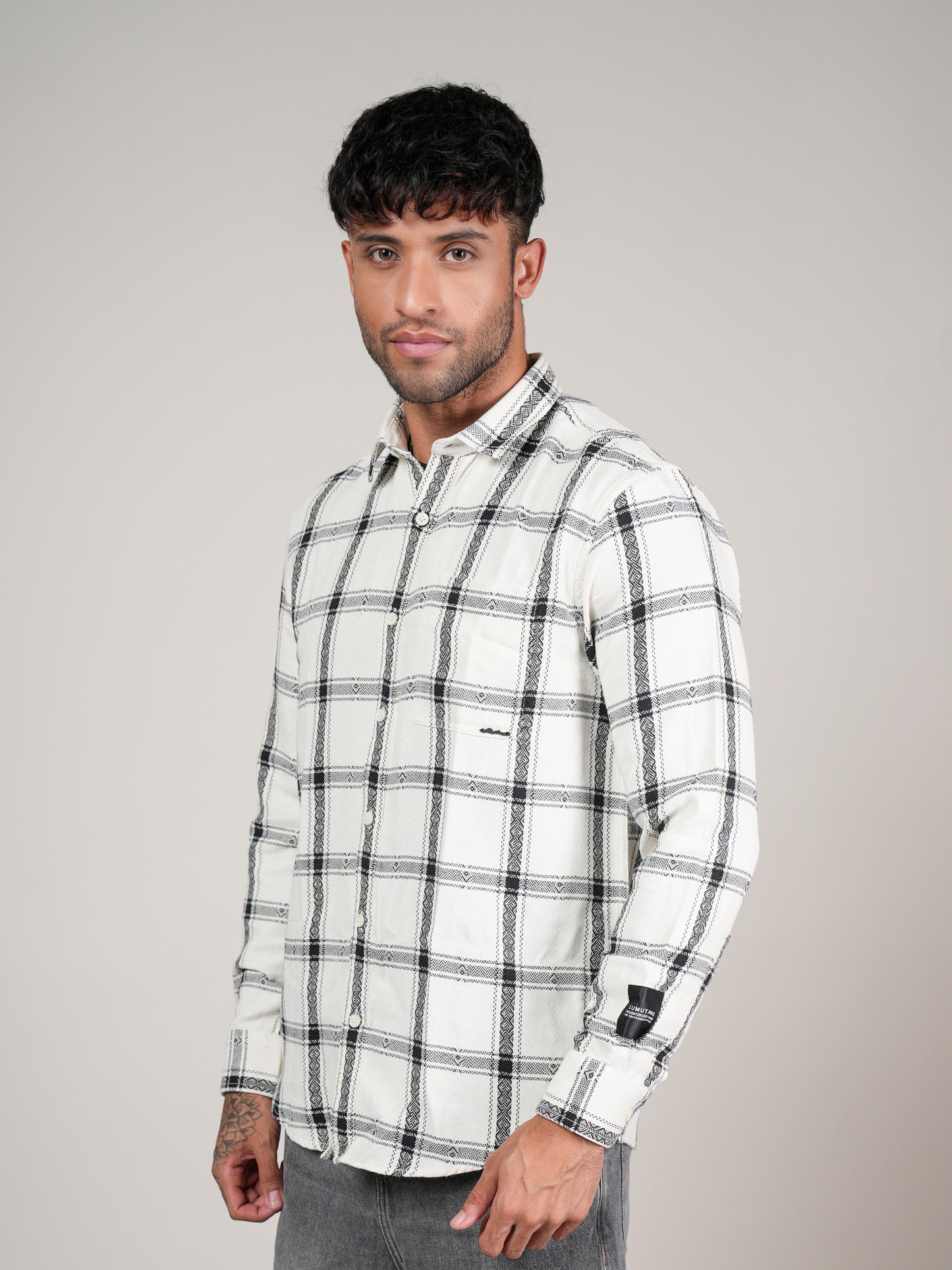 Men’s White & Black Checkered Cotton Casual Shirt