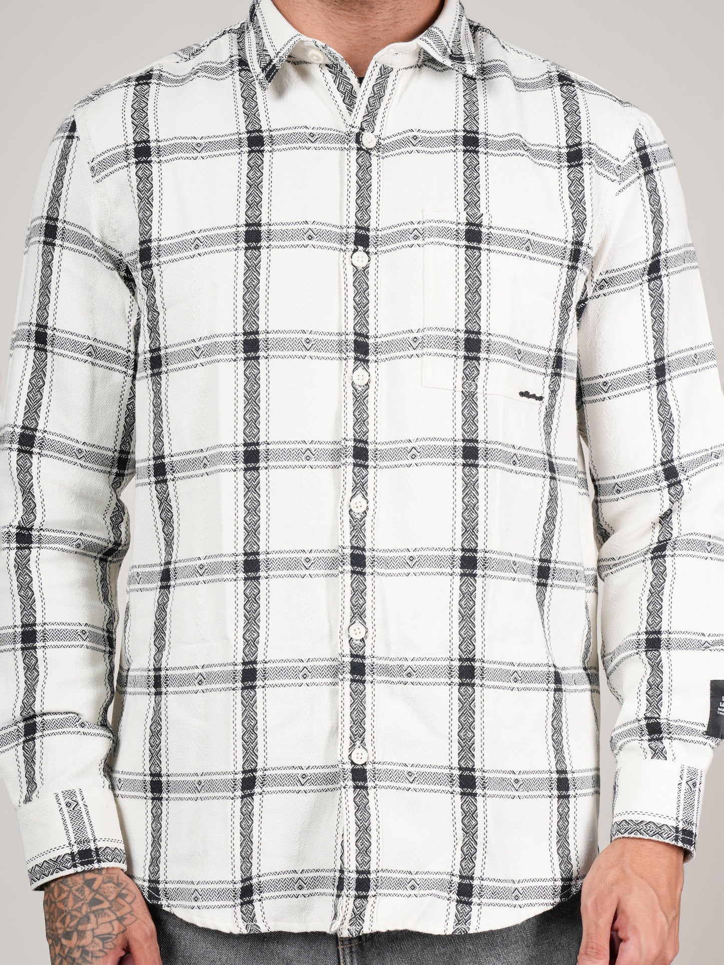 Men’s White & Black Checkered Cotton Casual Shirt