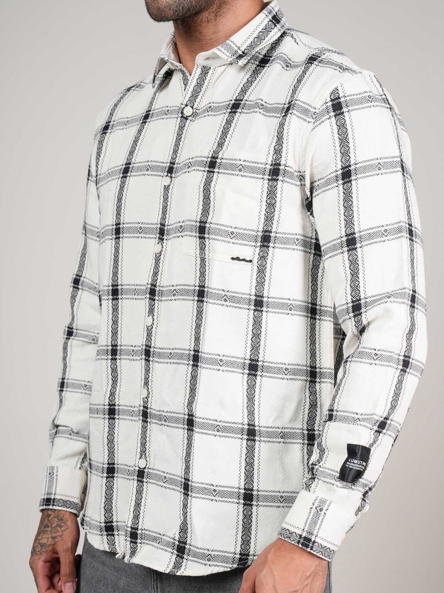 Men’s White & Black Checkered Cotton Casual Shirt