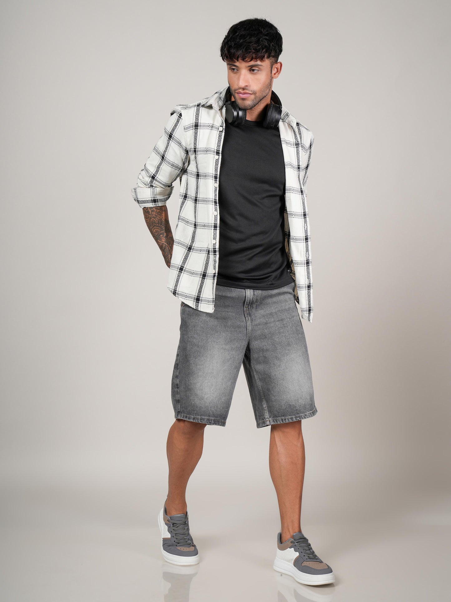 Men’s White & Black Checkered Cotton Casual Shirt