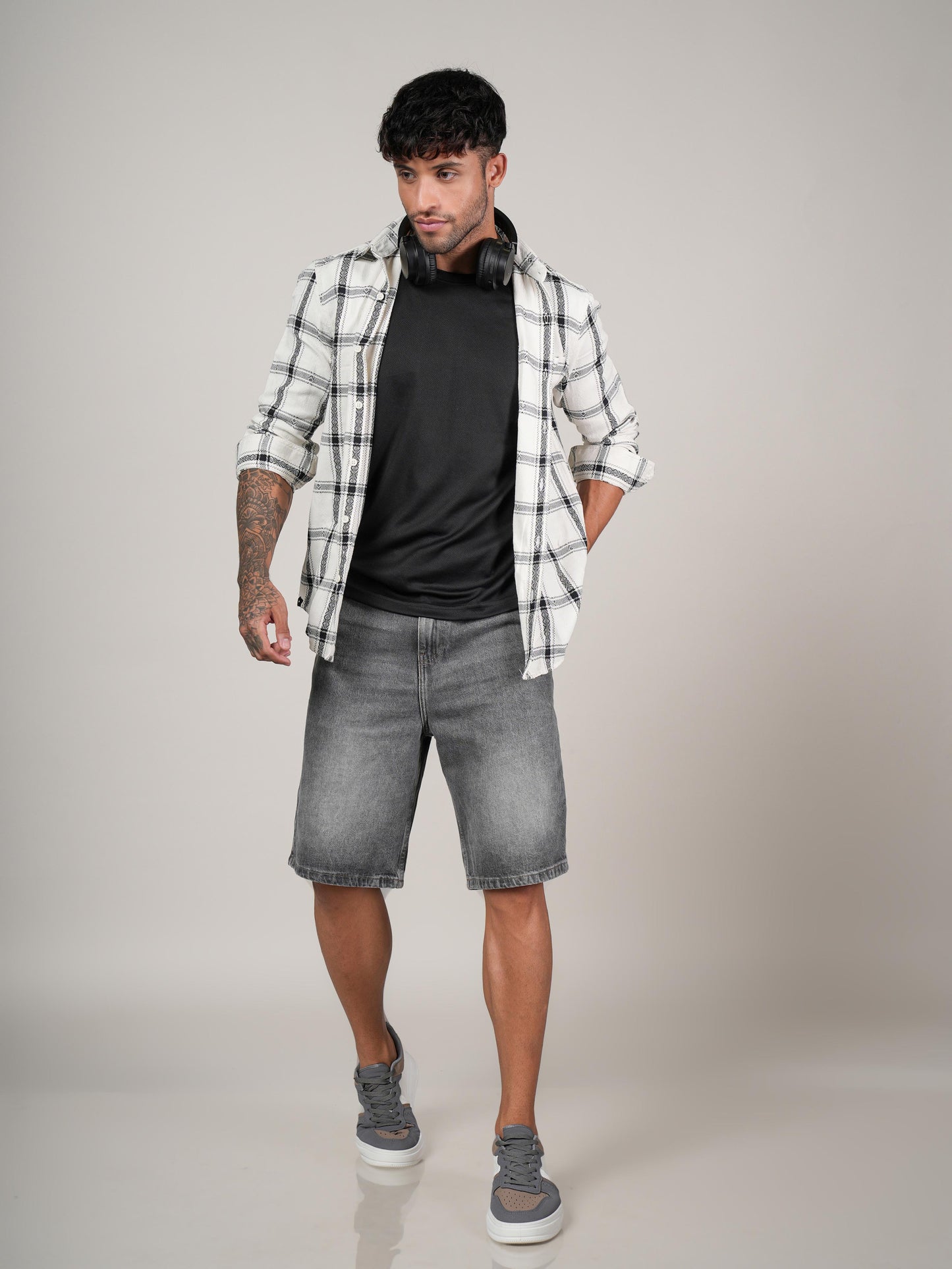 Men’s White & Black Checkered Cotton Casual Shirt