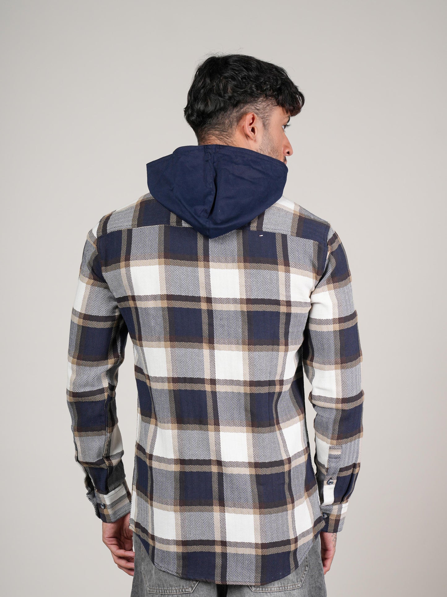 Men’s Navy & Beige Checkered Hooded Casual Shacket