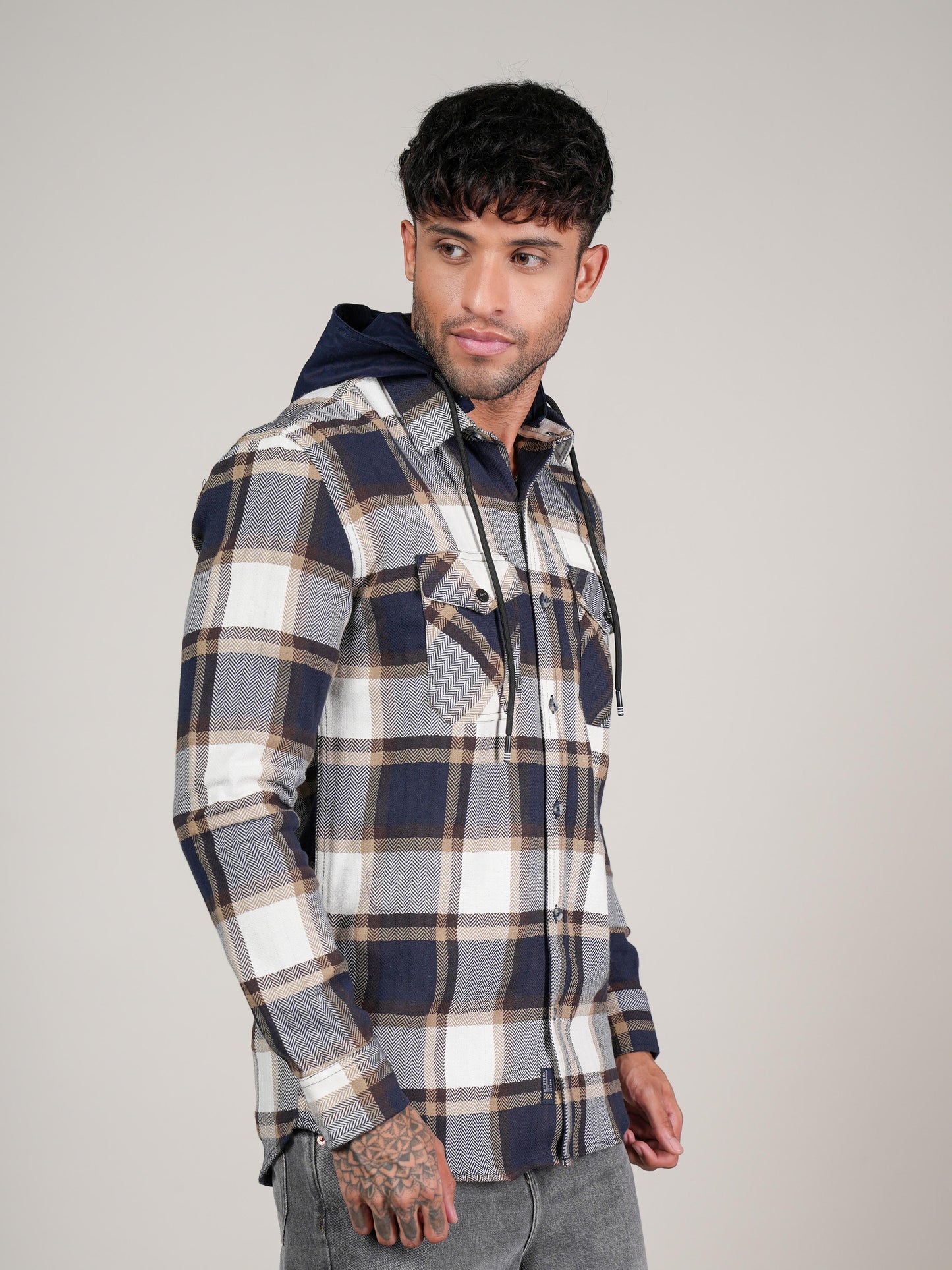 Men’s Navy & Beige Checkered Hooded Casual Shacket