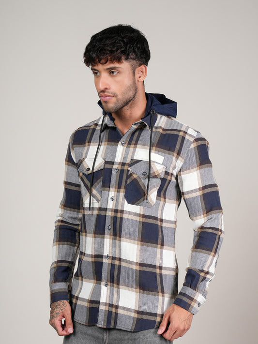 Men’s Navy & Beige Checkered Hooded Casual Shacket
