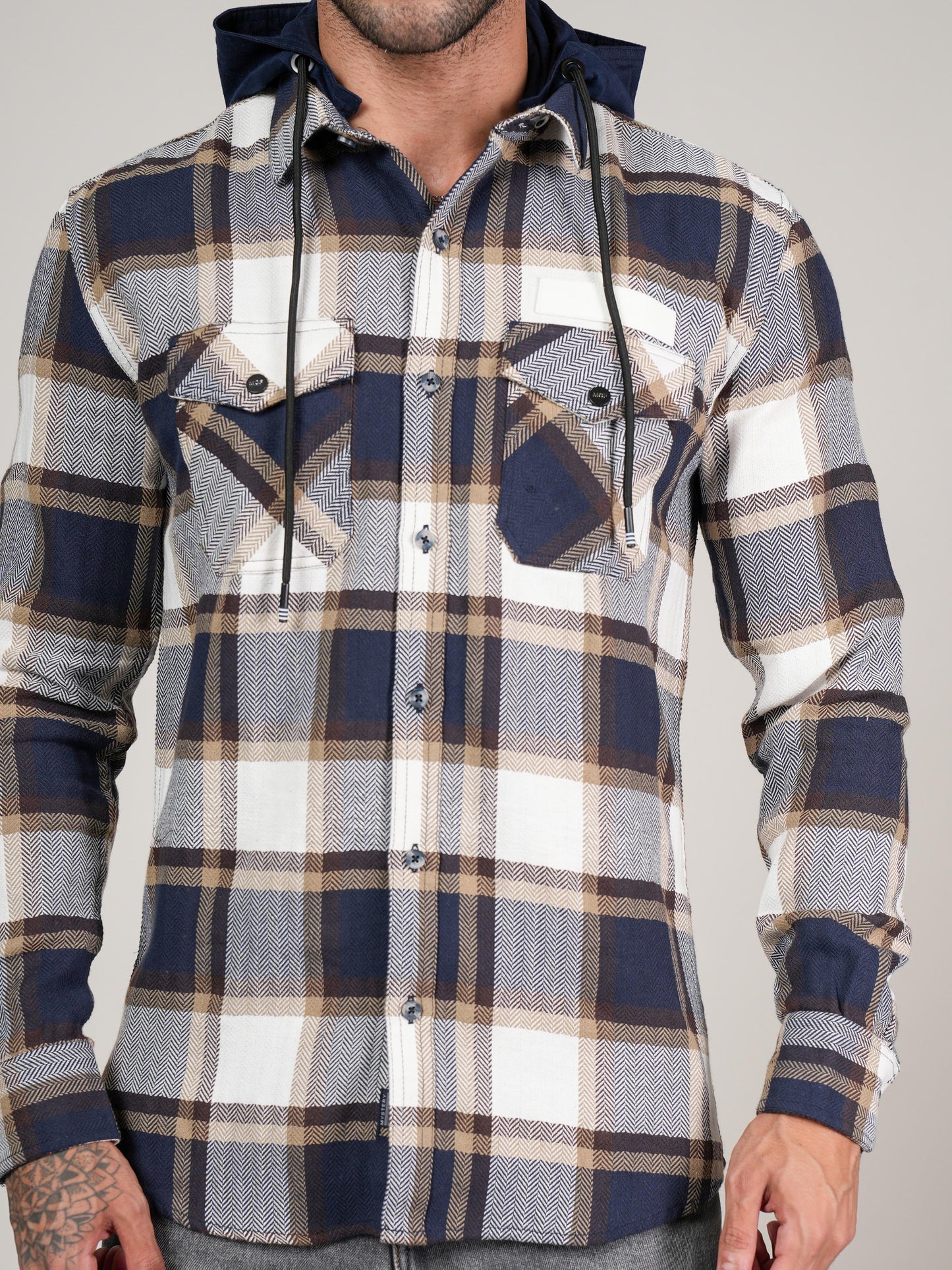 Men’s Navy & Beige Checkered Hooded Casual Shacket