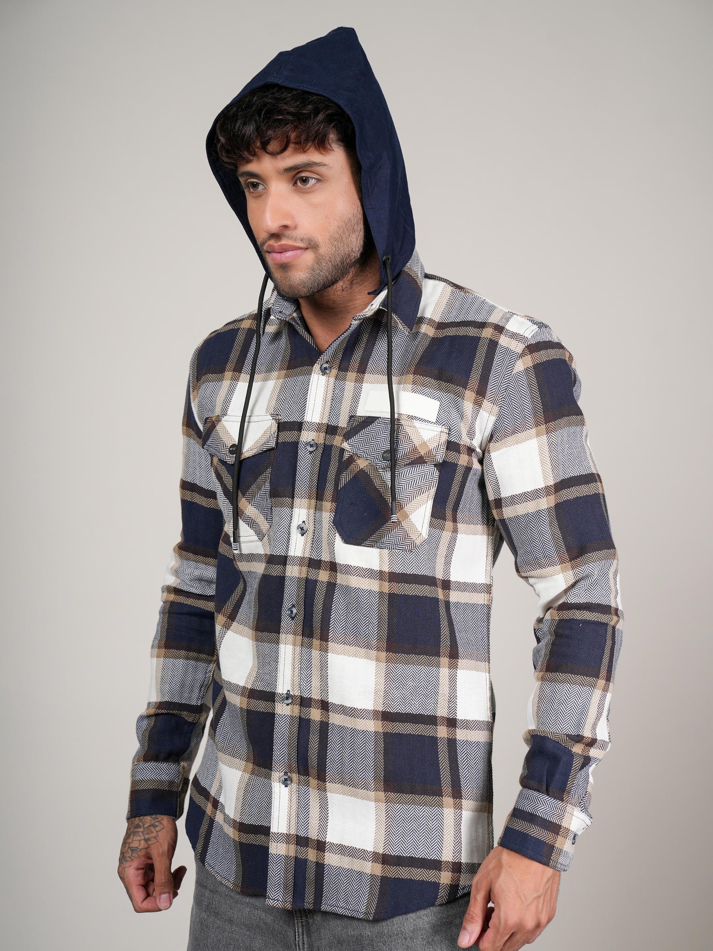 Men’s Navy & Beige Checkered Hooded Casual Shacket