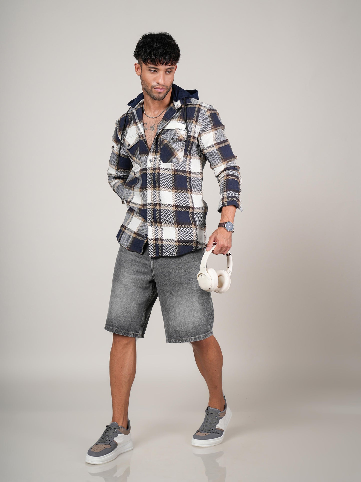 Men’s Navy & Beige Checkered Hooded Casual Shacket