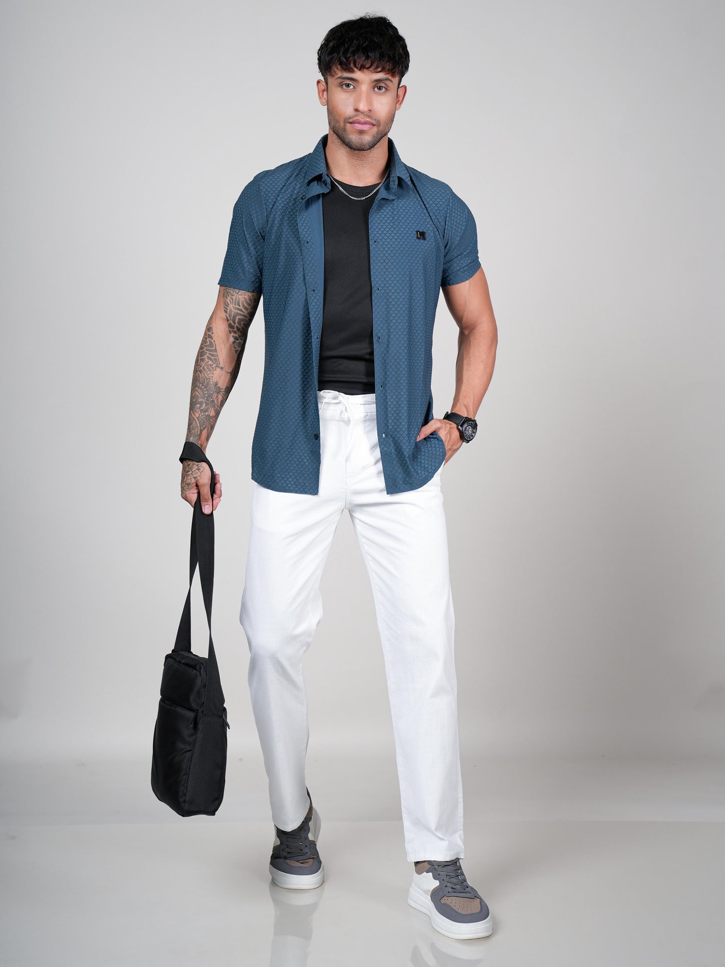 Men’s Bottle Green Textured Short Sleeve Shirt