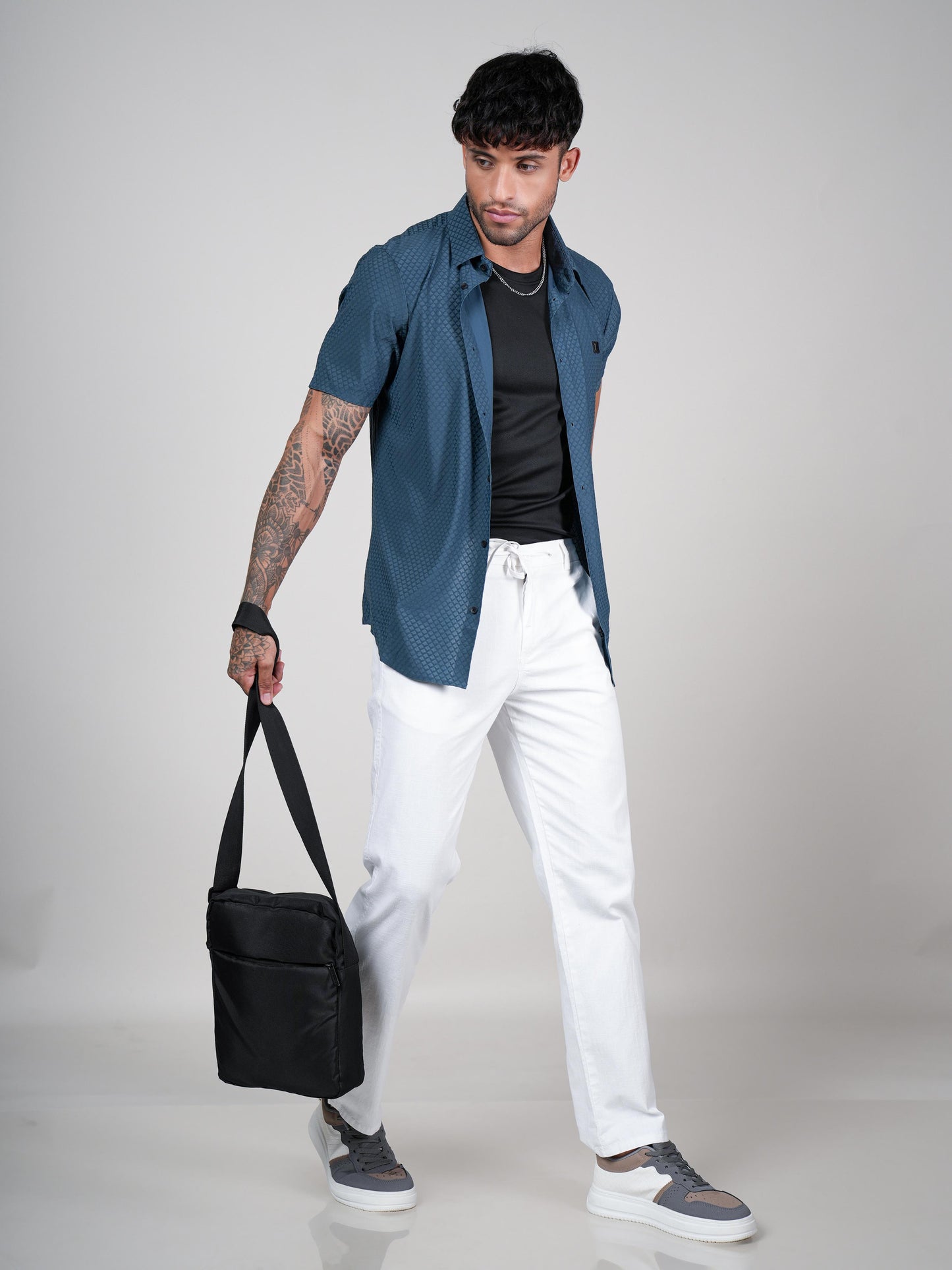 Men’s Bottle Green Textured Short Sleeve Shirt