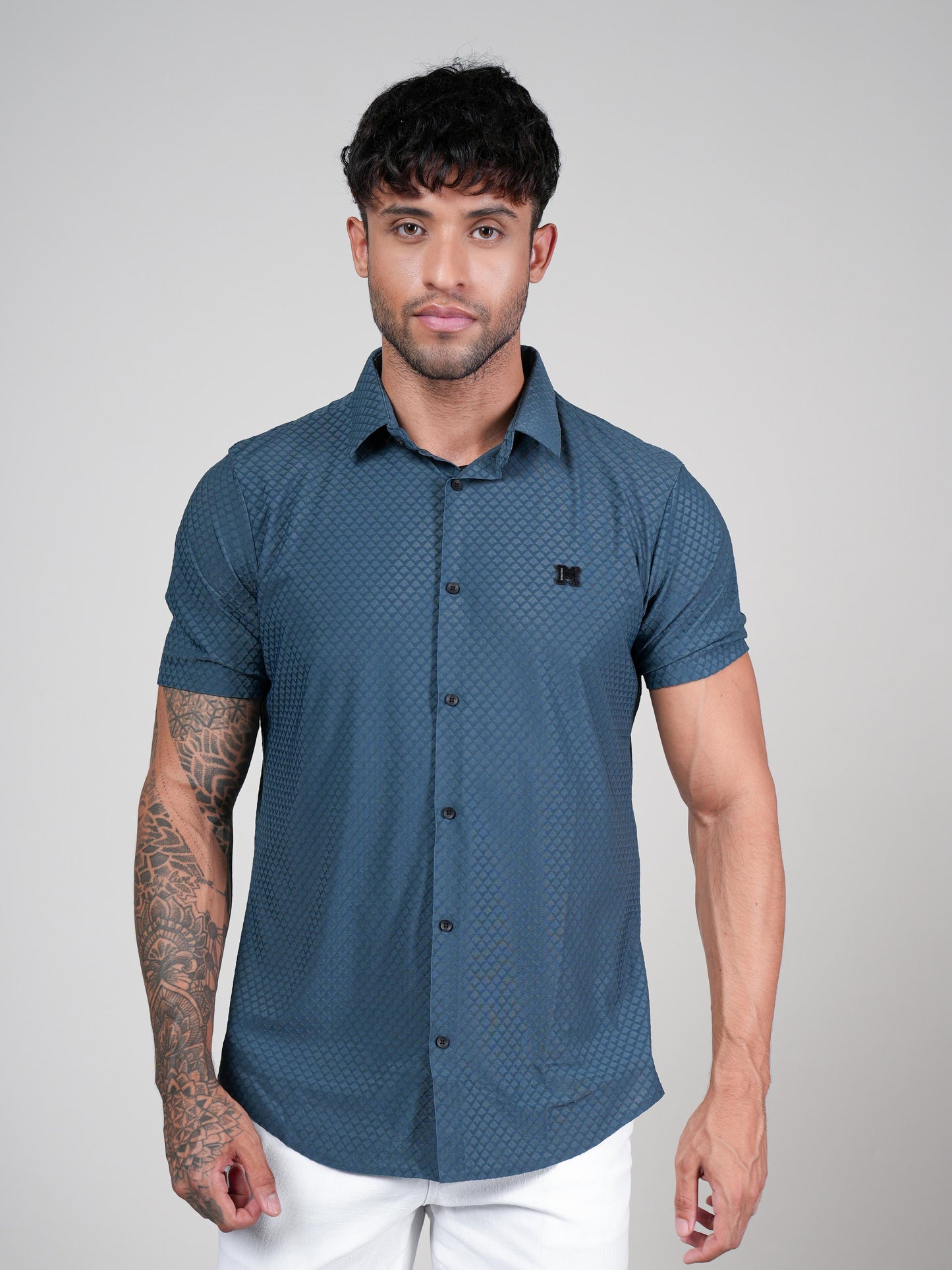 Men’s Bottle Green Textured Short Sleeve Shirt