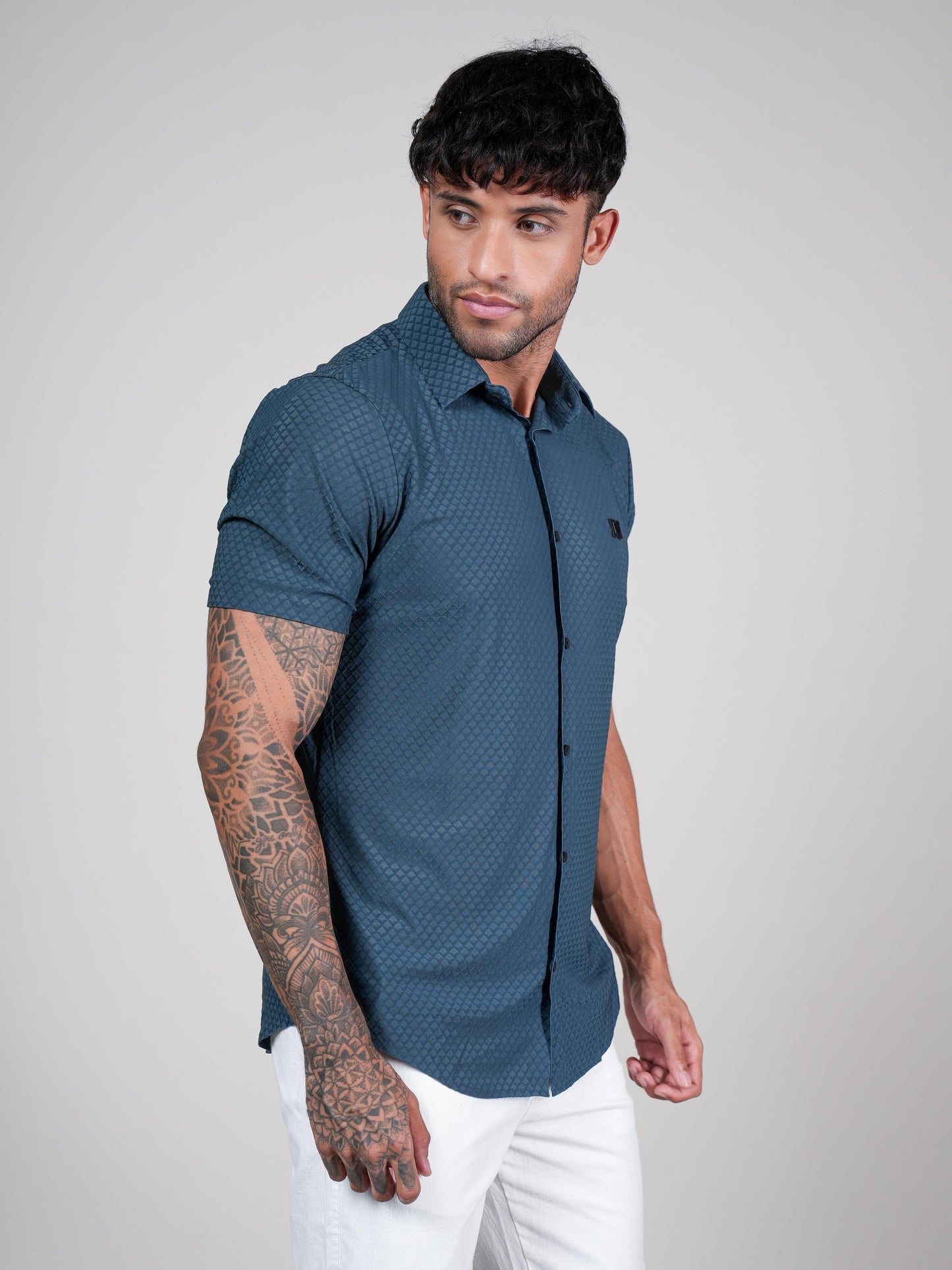 Men’s Bottle Green Textured Short Sleeve Shirt