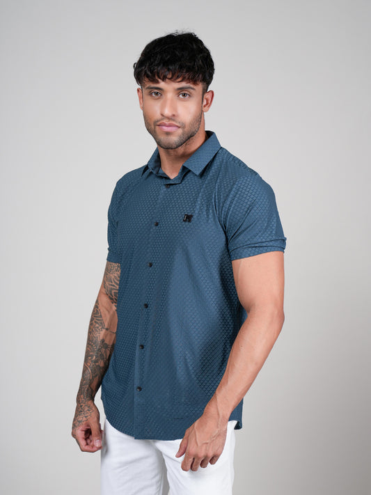 Men’s Bottle Green Textured Short Sleeve Shirt