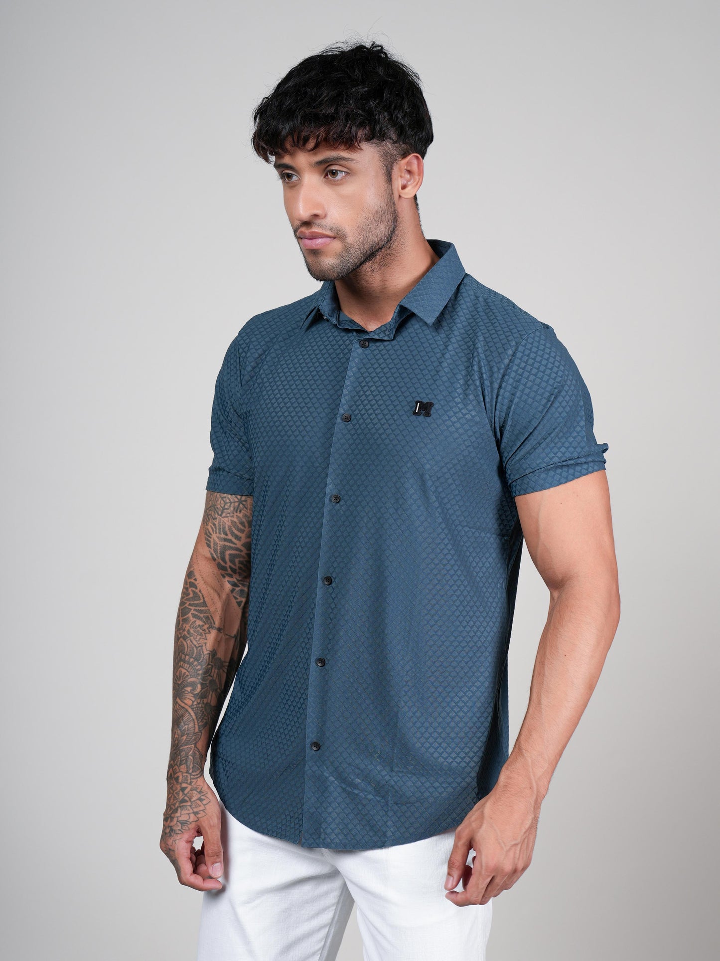 Men’s Bottle Green Textured Short Sleeve Shirt