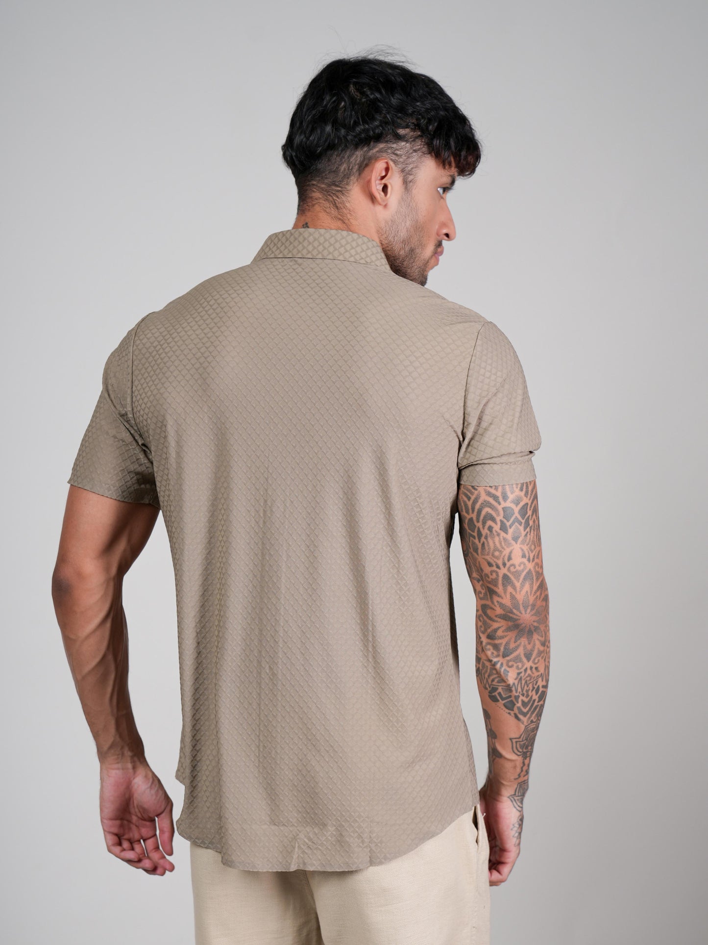 Men’s Beige Textured Short Sleeve Casual Shirt