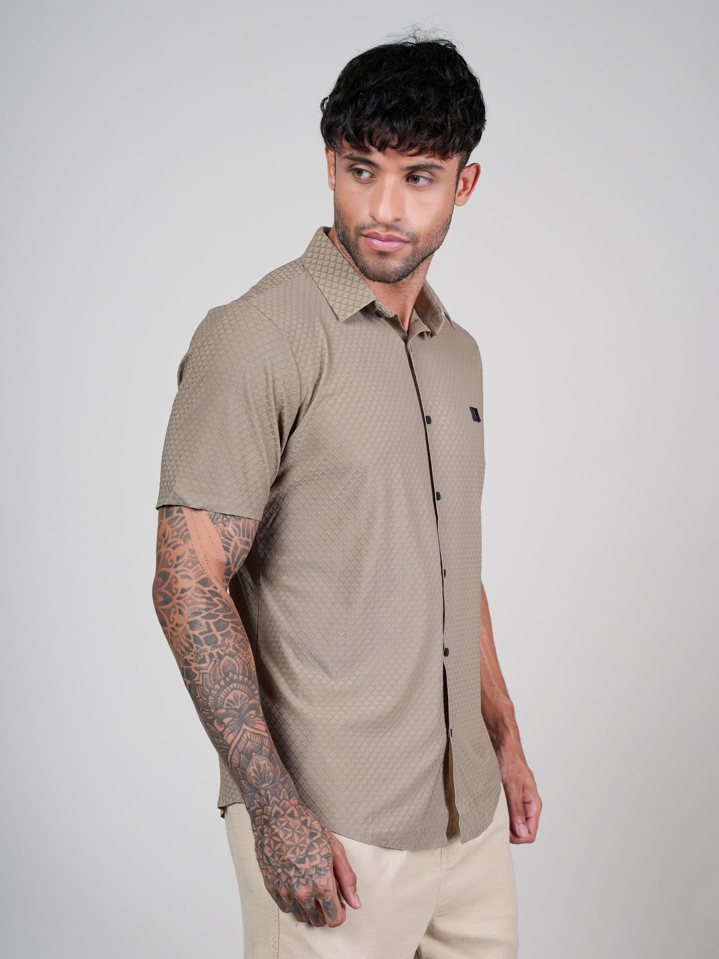 Men’s Beige Textured Short Sleeve Casual Shirt