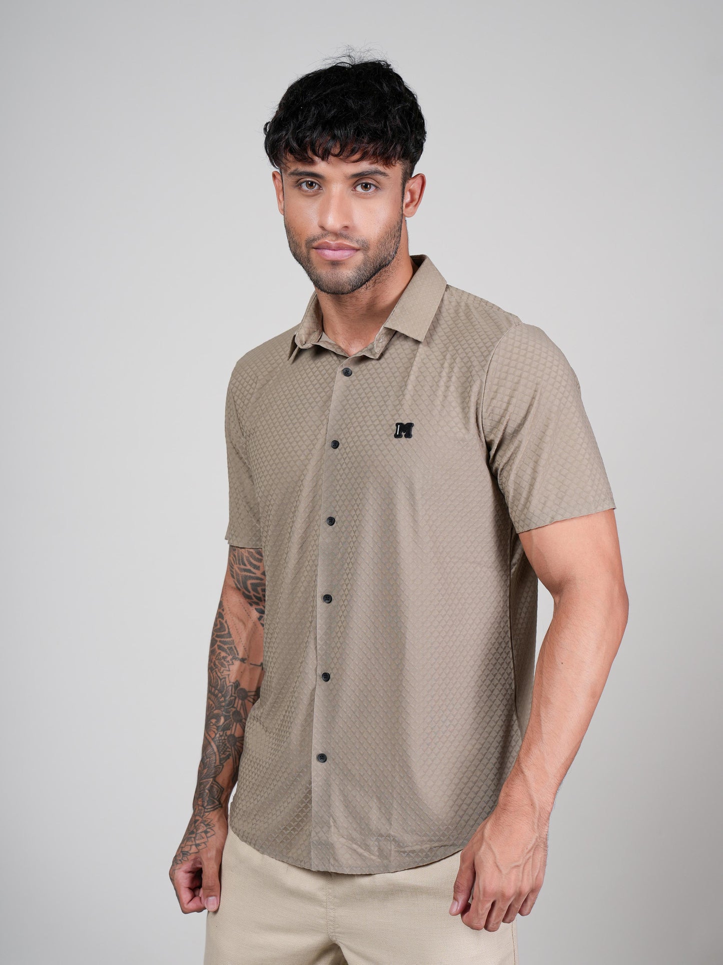Men’s Beige Textured Short Sleeve Casual Shirt