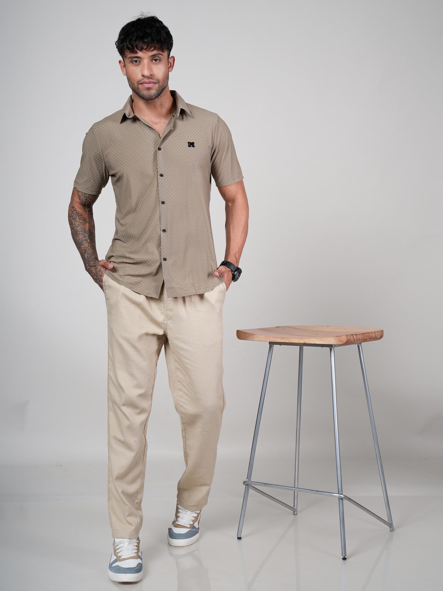 Men’s Beige Textured Short Sleeve Casual Shirt
