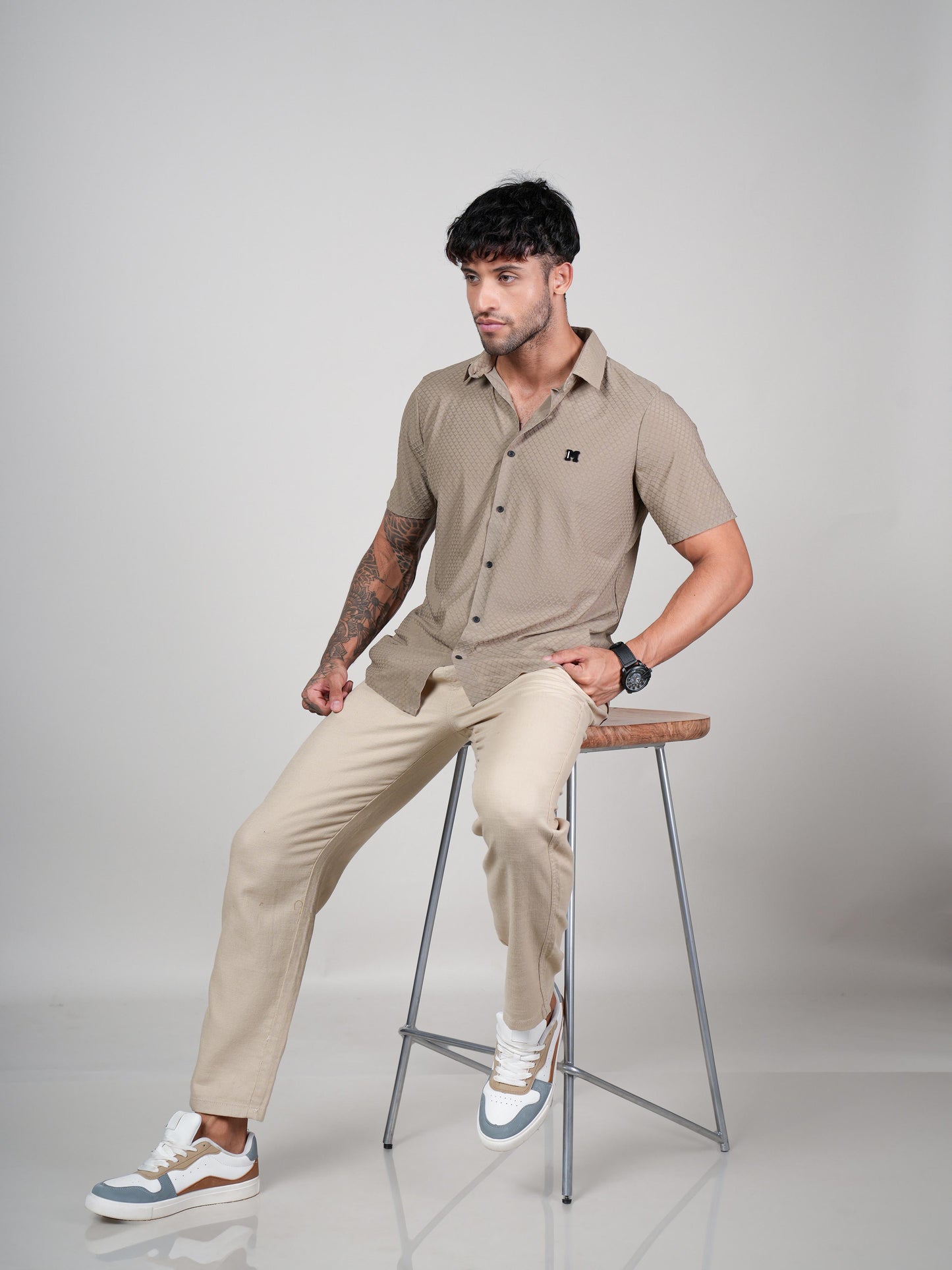 Men’s Beige Textured Short Sleeve Casual Shirt