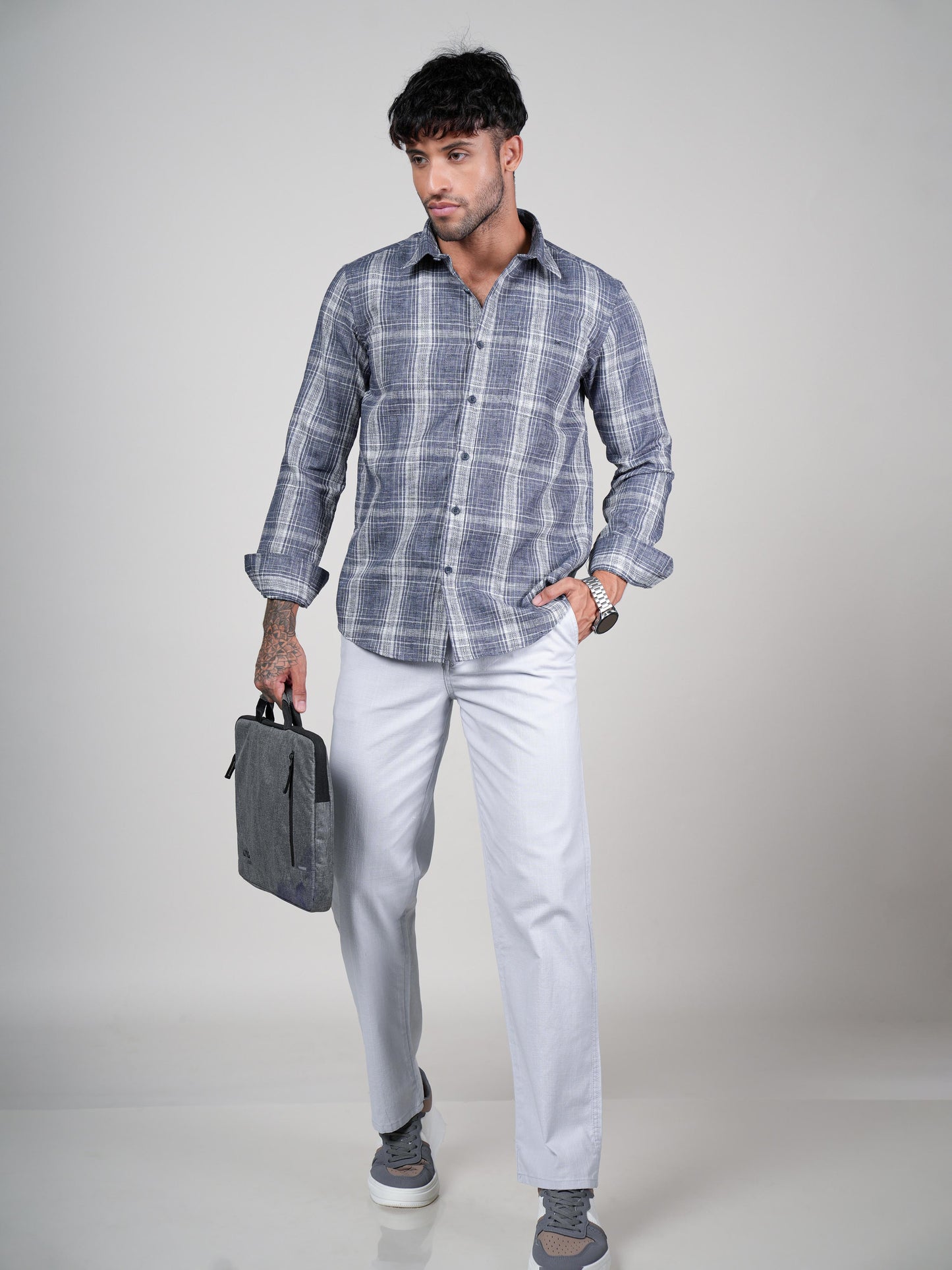 Men’s Grey Checked Casual Cotton Shirt