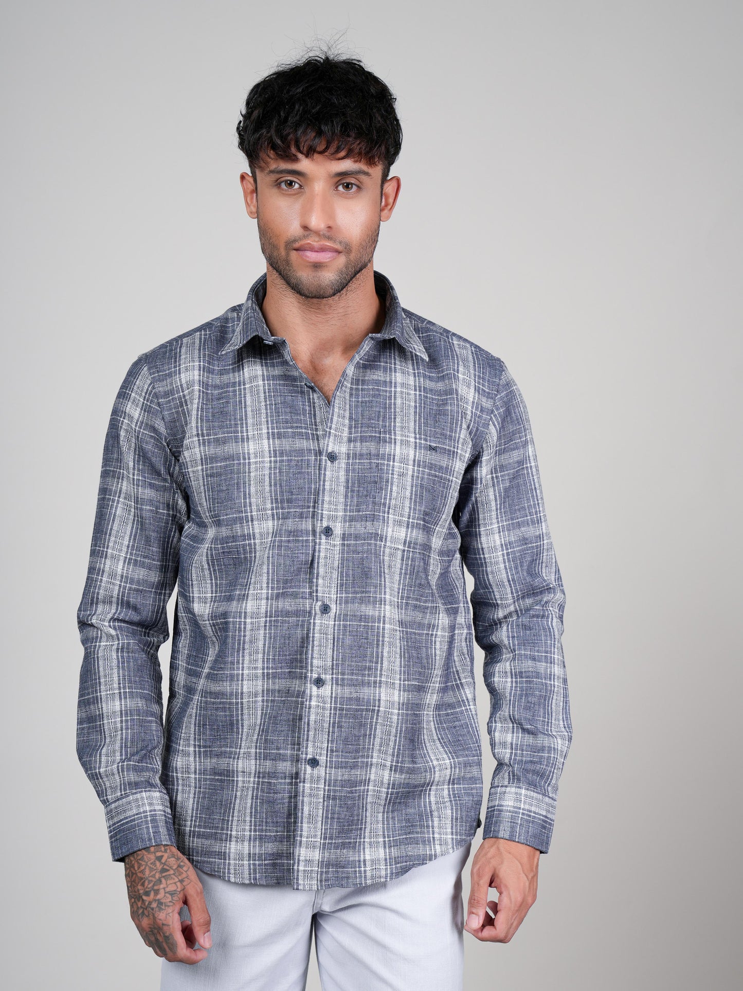 Men’s Grey Checked Casual Cotton Shirt