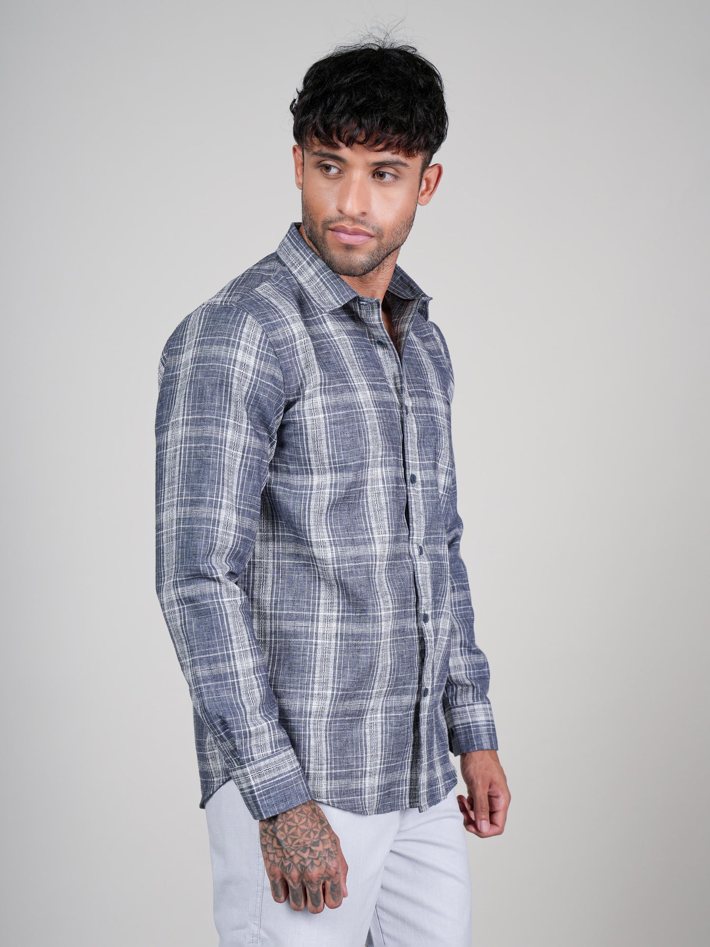 Men’s Grey Checked Casual Cotton Shirt