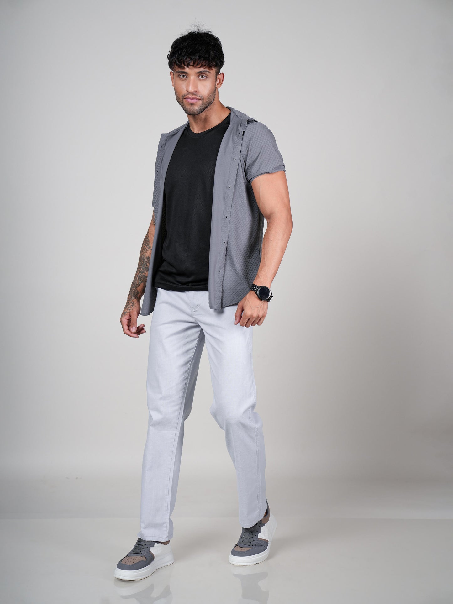 Men’s Grey Textured Short Sleeve Casual Shirt