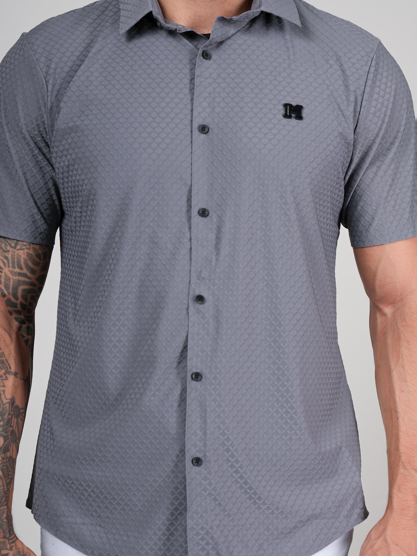 Men’s Grey Textured Short Sleeve Casual Shirt