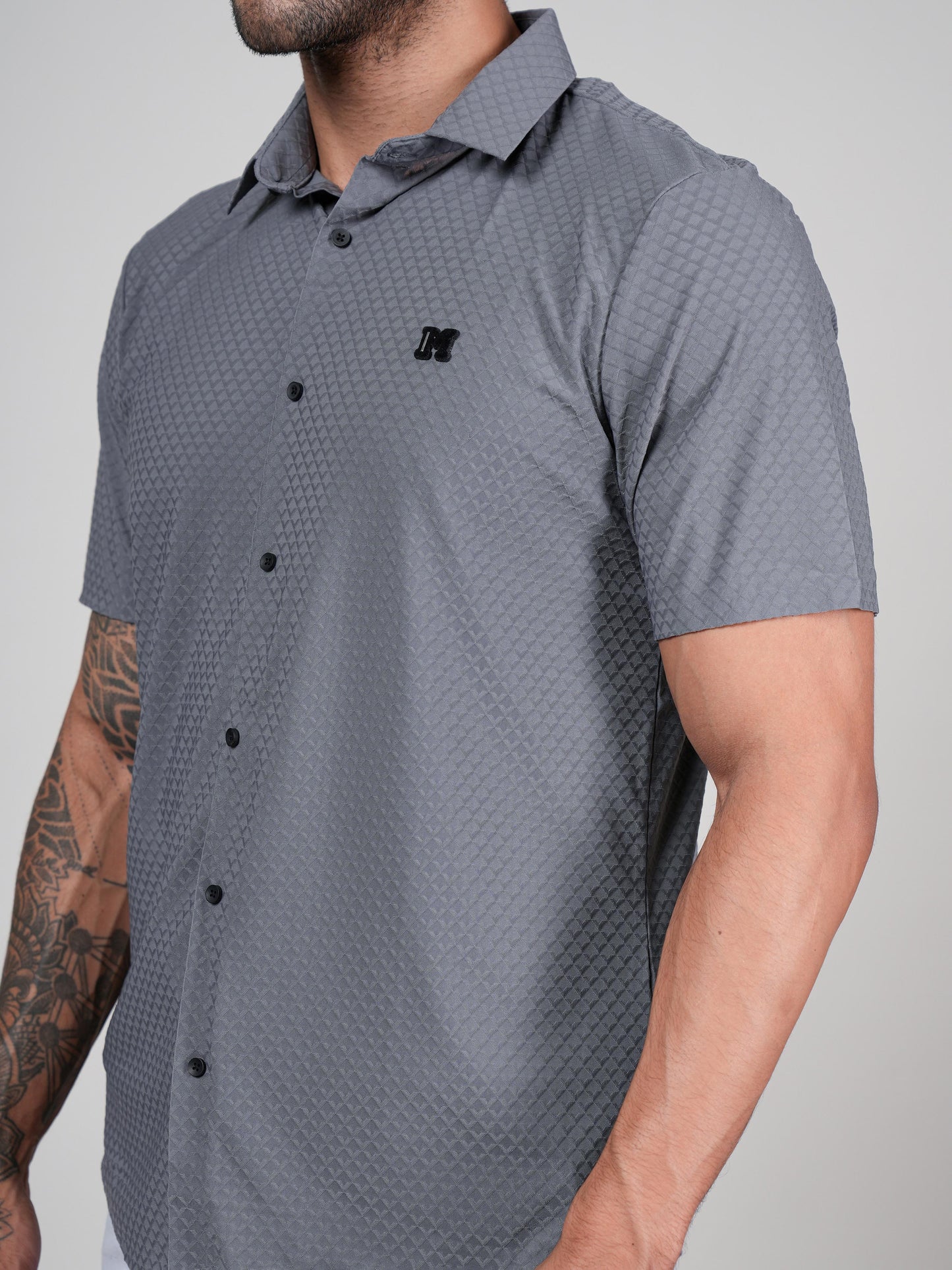 Men’s Grey Textured Short Sleeve Casual Shirt