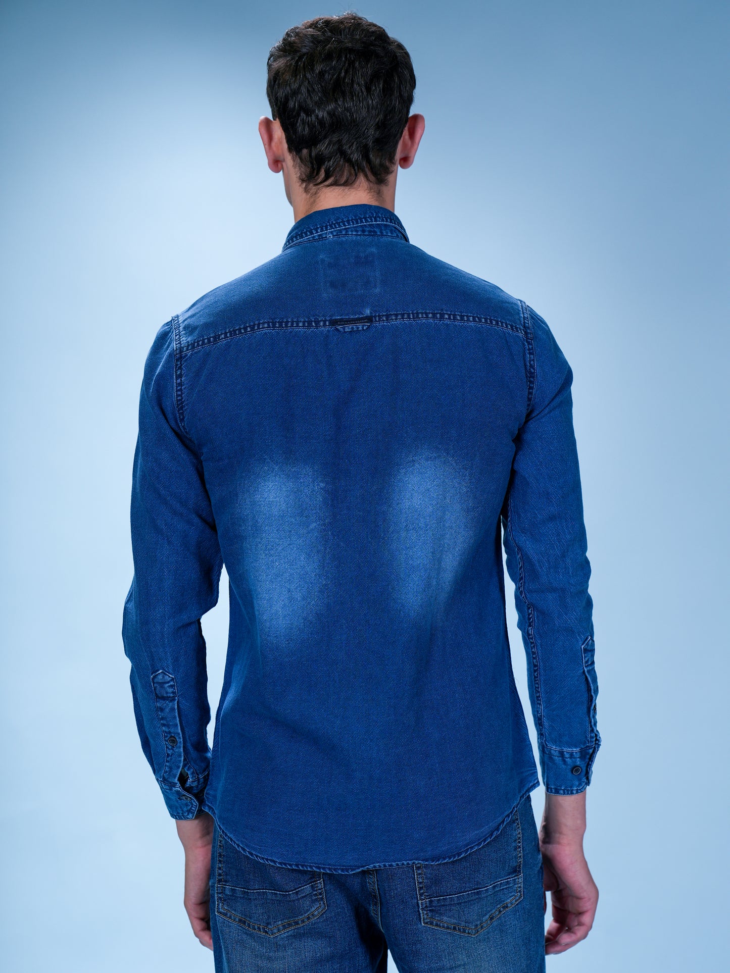 Men’s Blue Denim Casual Shirt with Dual Pockets