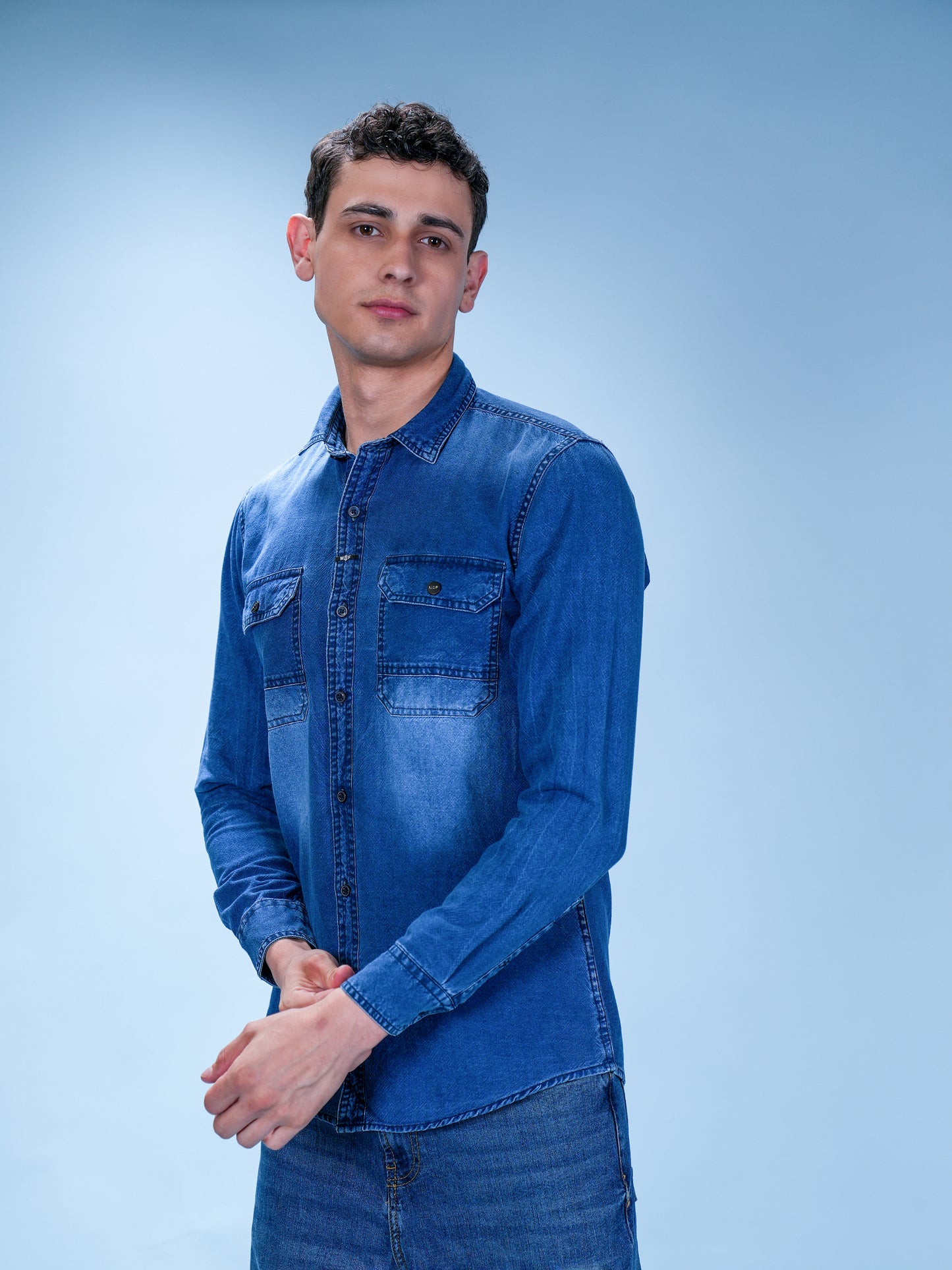 Men’s Blue Denim Casual Shirt with Dual Pockets