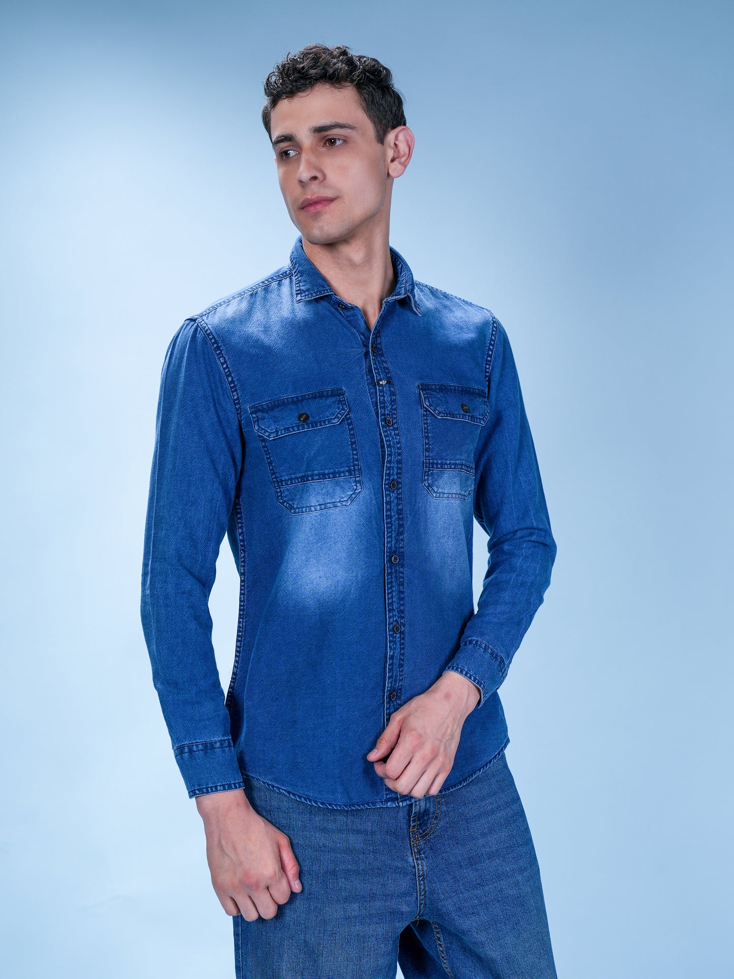 Men’s Blue Denim Casual Shirt with Dual Pockets