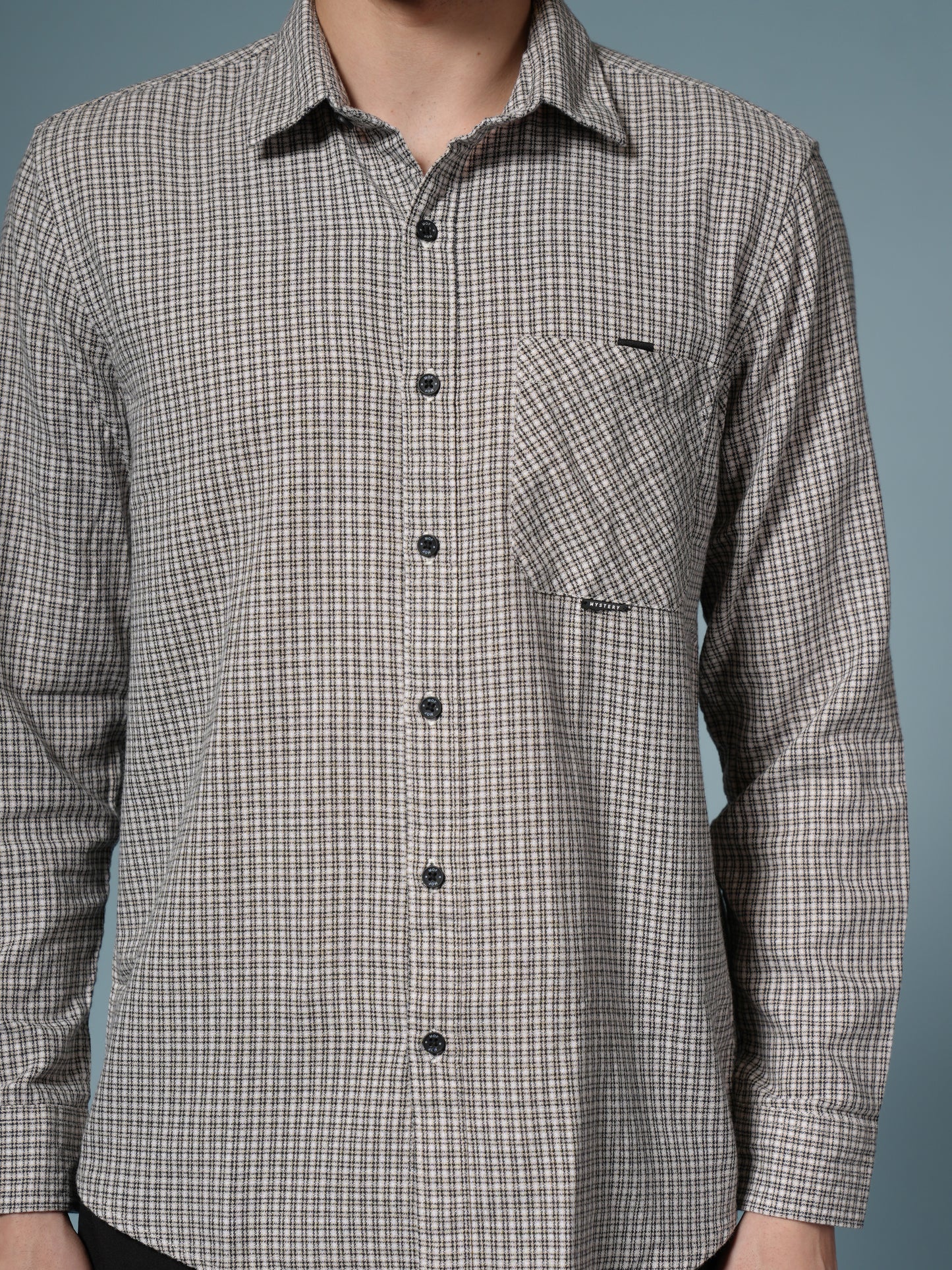 Men’s Beige Micro Check Long Sleeve Casual Shirt