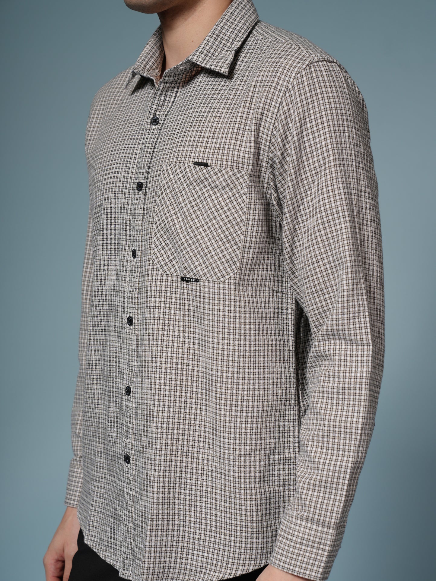 Men’s Beige Micro Check Long Sleeve Casual Shirt