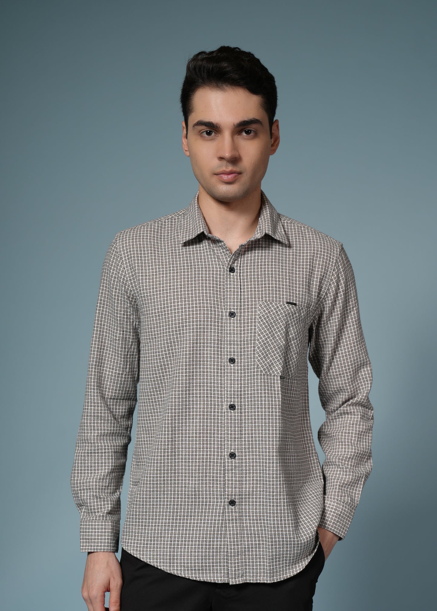 Men’s Beige Micro Check Long Sleeve Casual Shirt