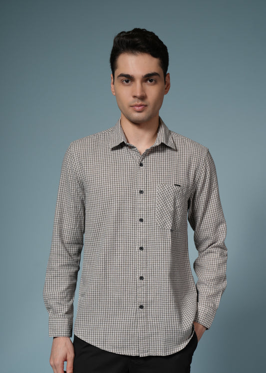Men’s Beige Micro Check Long Sleeve Casual Shirt