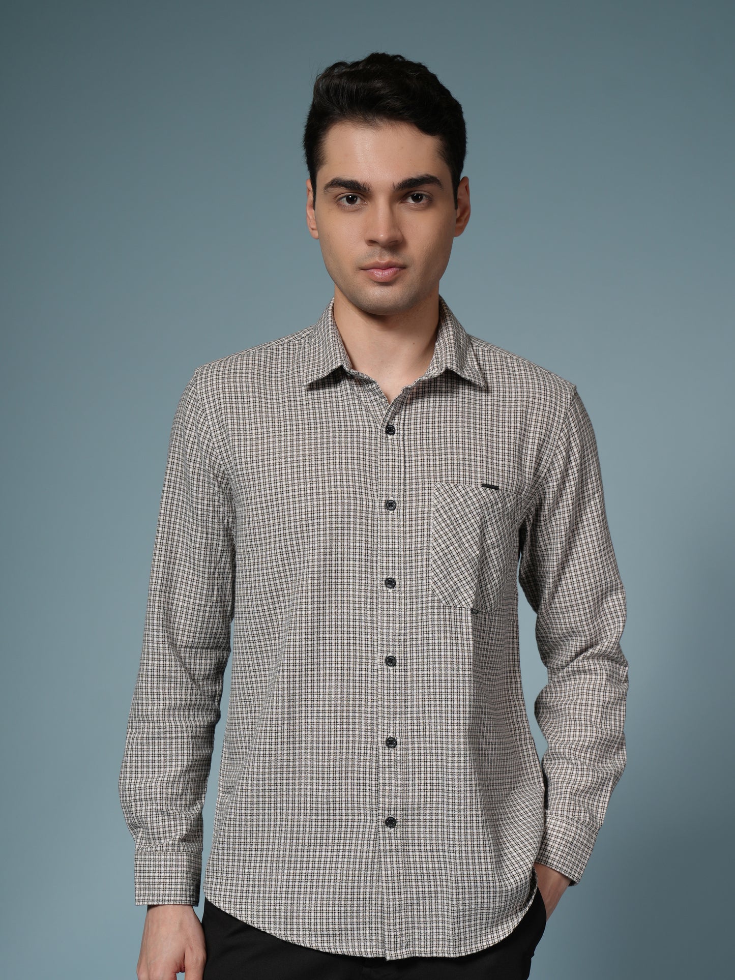 Men’s Beige Micro Check Long Sleeve Casual Shirt