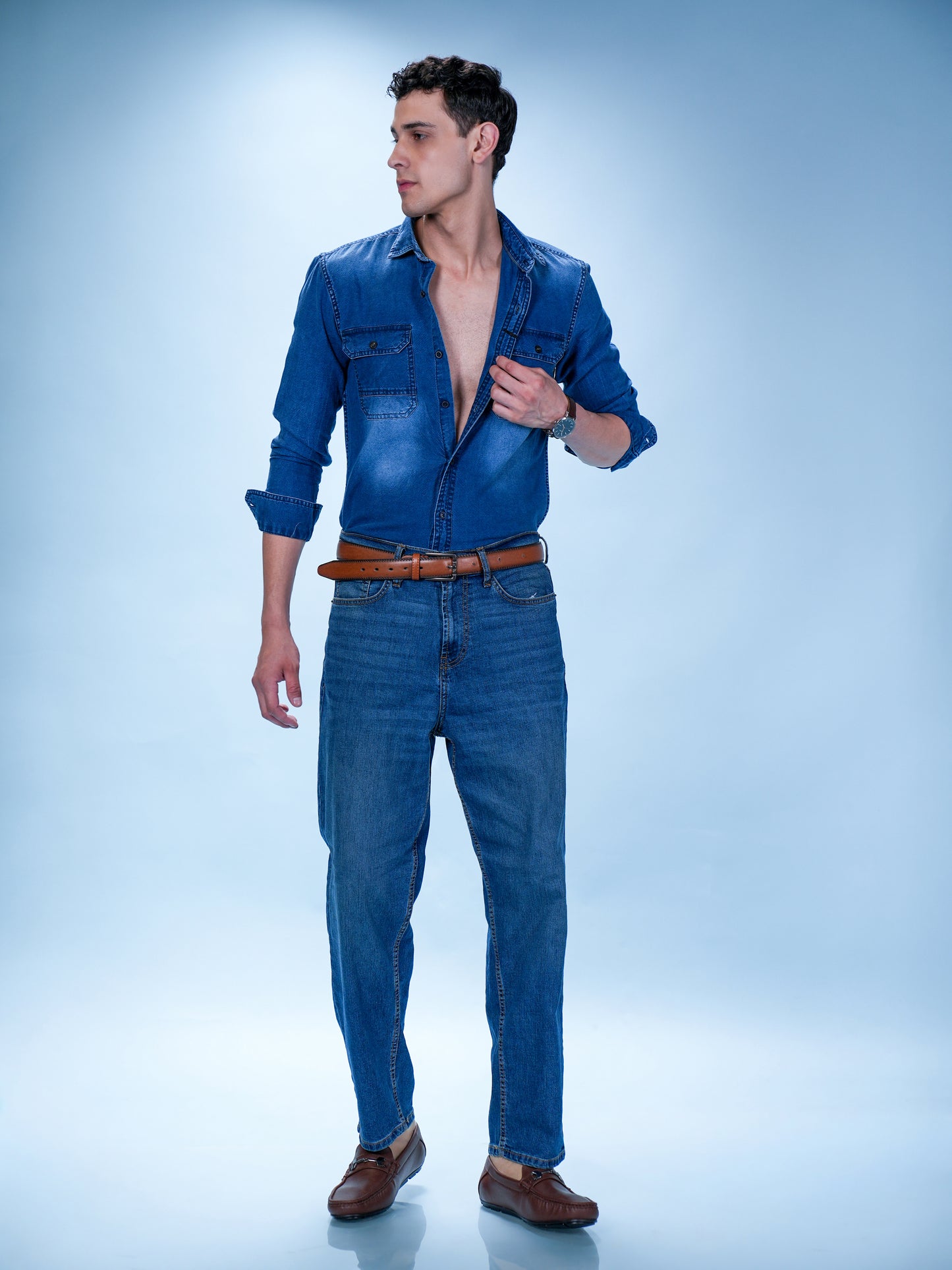 Men’s Blue Denim Casual Shirt with Dual Pockets