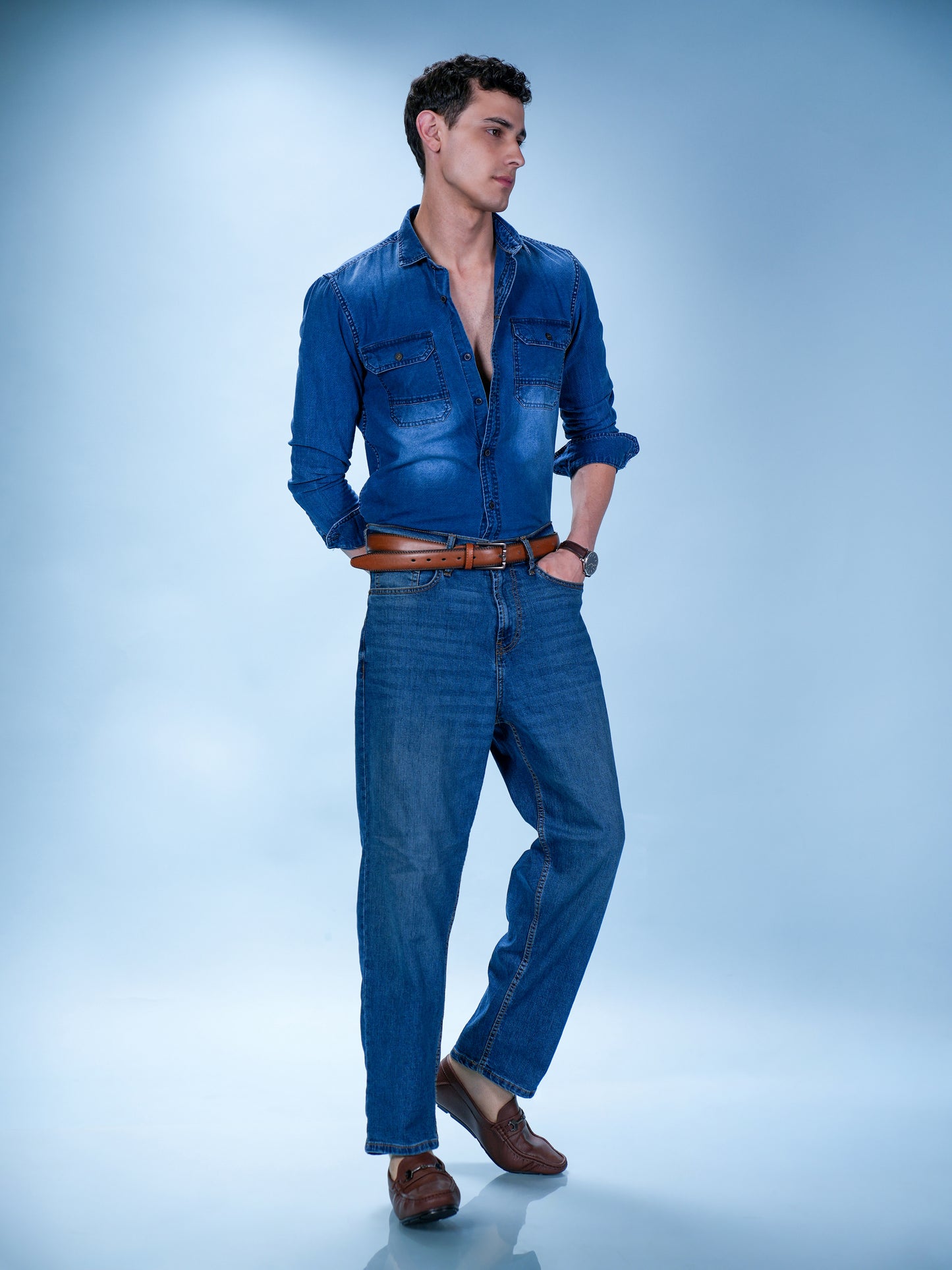 Men’s Blue Denim Casual Shirt with Dual Pockets